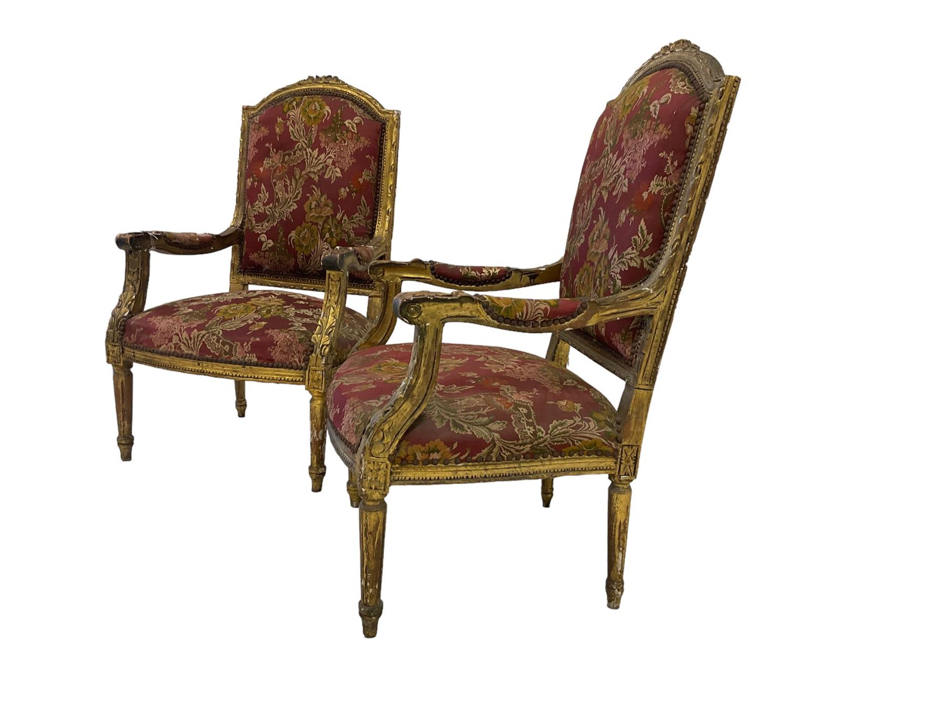 A Pair Louis XVI design gilt framed armchairs, the cresting rail moulded with flower heads and - Bild 5 aus 9