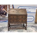 Jacobean Style Oak Writing Bureau The Galleried Top The Decorated Fall Down Front Revealing A Fitted