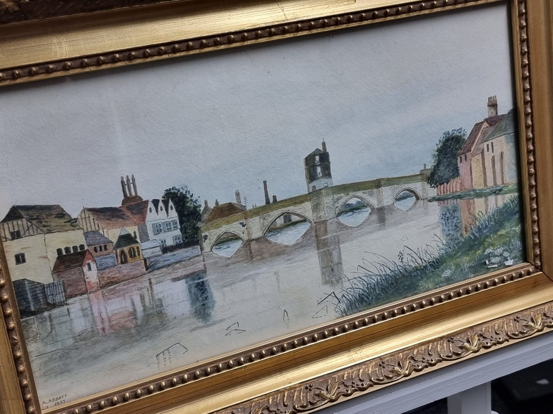 A Gilt Framed And Glazed Landscape Watercolour Signed A Abbott 1927 Lower Left Framed 47 x 20cm - Bild 7 aus 7