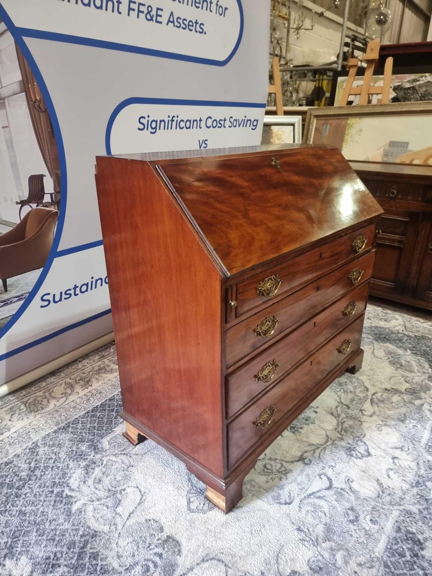 A George III Mahogany Fall Front Bureau With Fitted Interior And Four Graduating Drawers With - Bild 6 aus 12