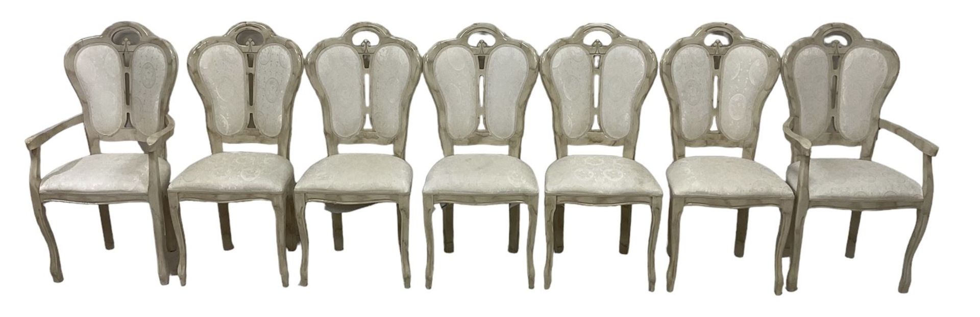 Italian Designer Set of seven (5+2 Carver) dining chairs, arched cresting rail with upholstered back