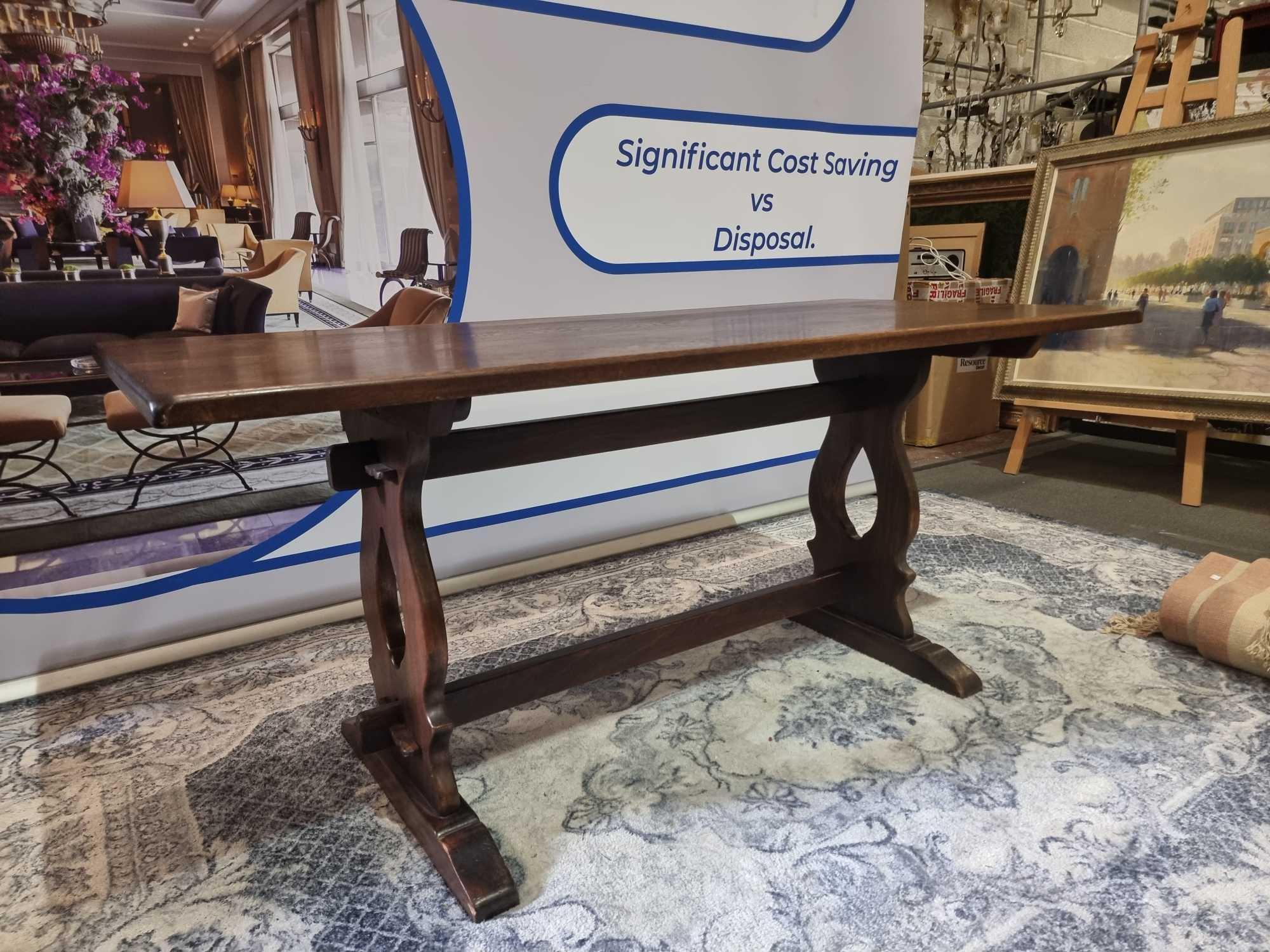 English Oak Refectory Dining Table The Solid Oak Table Top Is Supported By A Pair Of Pierced Lyre - Image 7 of 14