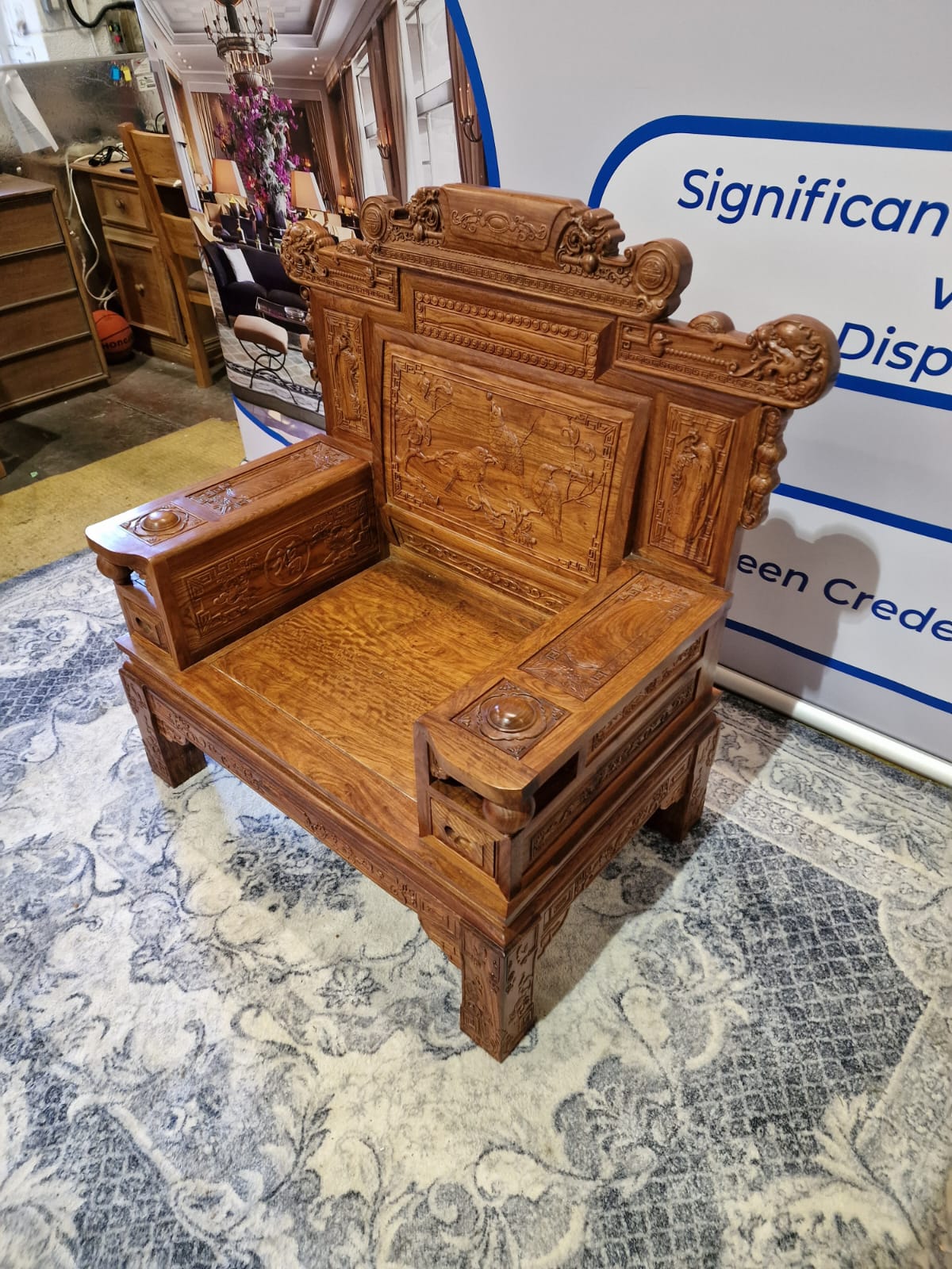 A Pair Chinese Imperial Style Hardwood Throne Chairs, The Backs Carved With Dragon Masks And Birds - Image 12 of 24