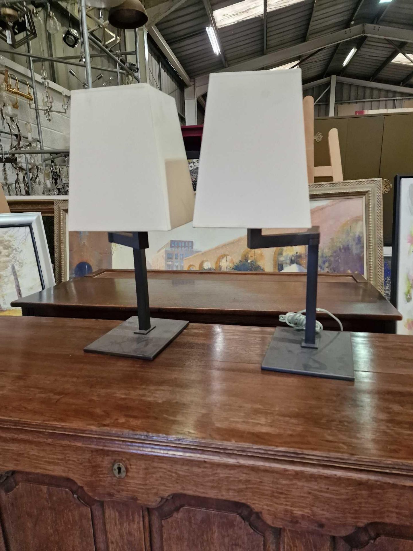 A Pair Of Sifra LMS400/ENG Table Lamps Metal Patinated With Cream Shade 60cm