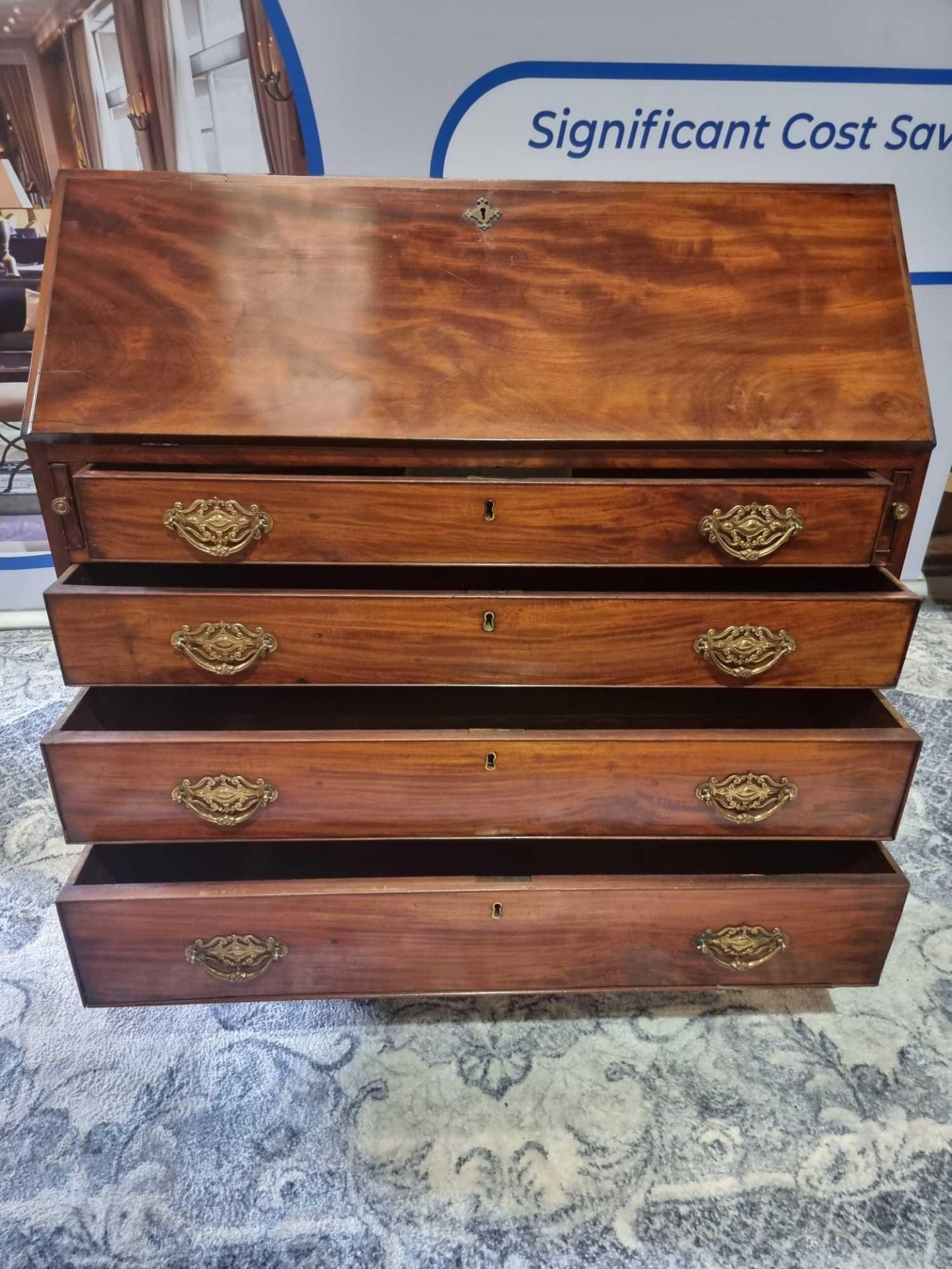 A George III Mahogany Fall Front Bureau With Fitted Interior And Four Graduating Drawers With - Bild 11 aus 12