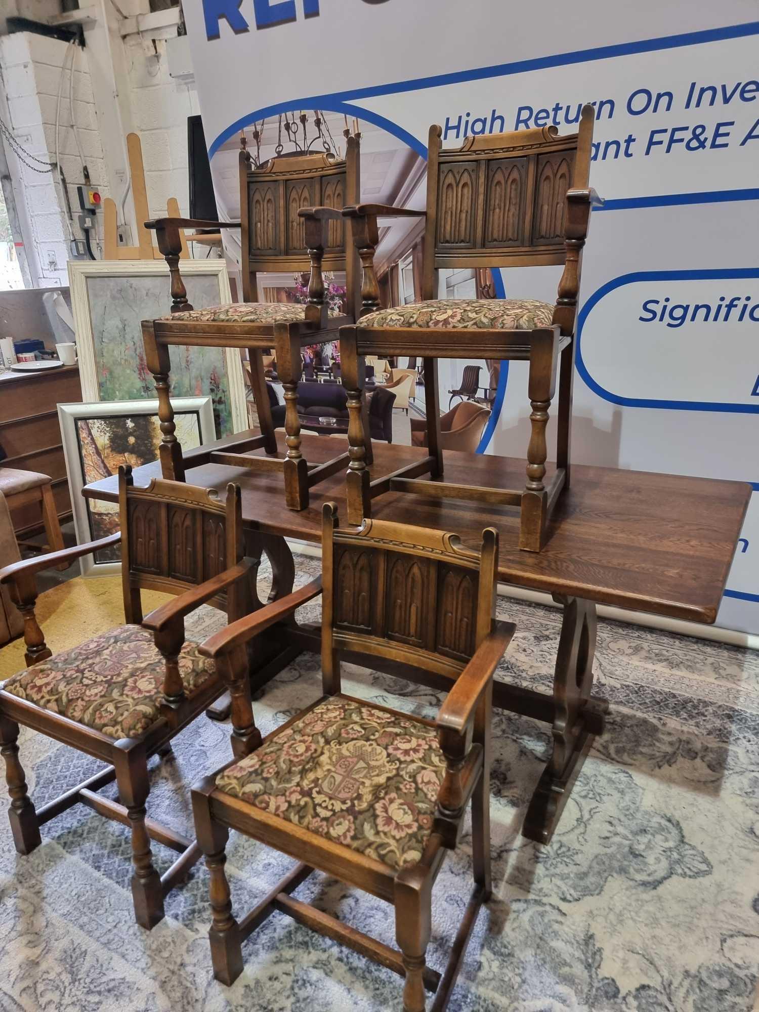 English Oak Refectory Dining Table The Solid Oak Table Top Is Supported By A Pair Of Pierced Lyre - Image 10 of 14