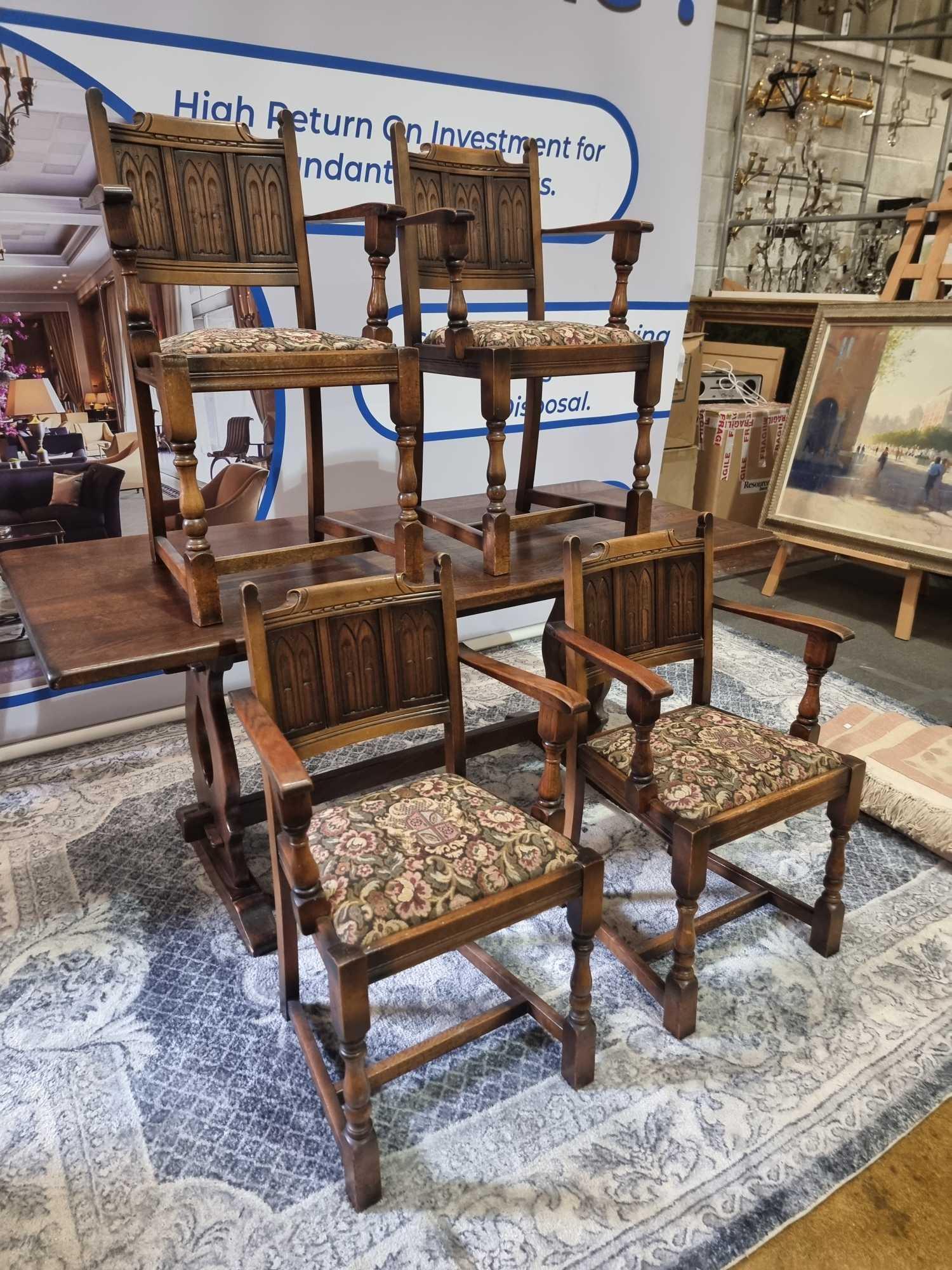 English Oak Refectory Dining Table The Solid Oak Table Top Is Supported By A Pair Of Pierced Lyre - Image 9 of 14