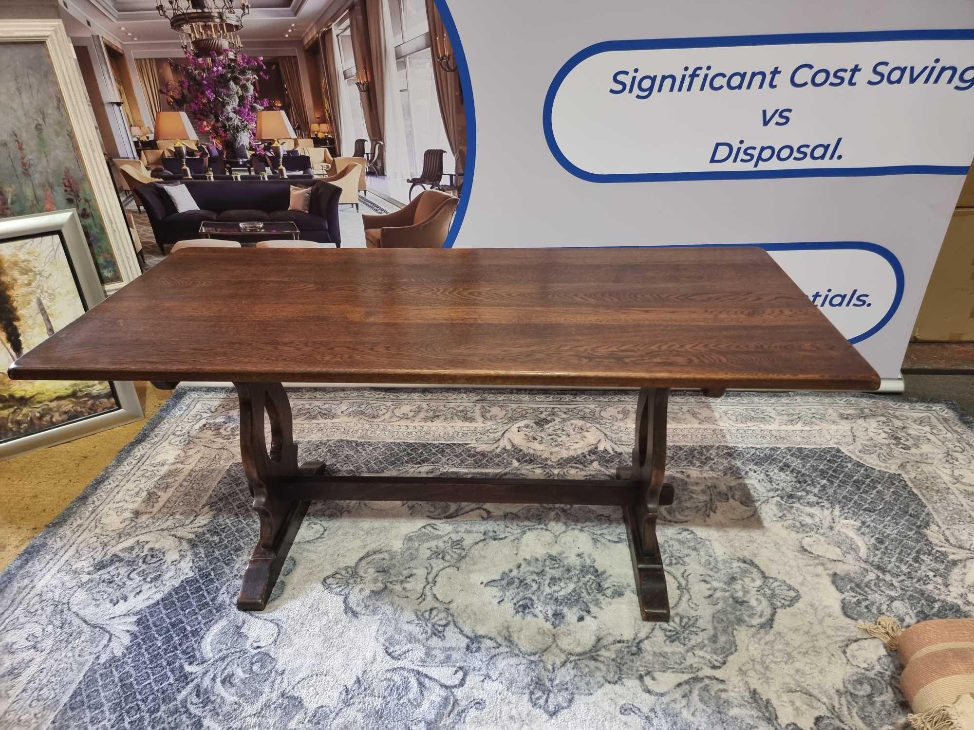 English Oak Refectory Dining Table The Solid Oak Table Top Is Supported By A Pair Of Pierced Lyre - Image 4 of 14