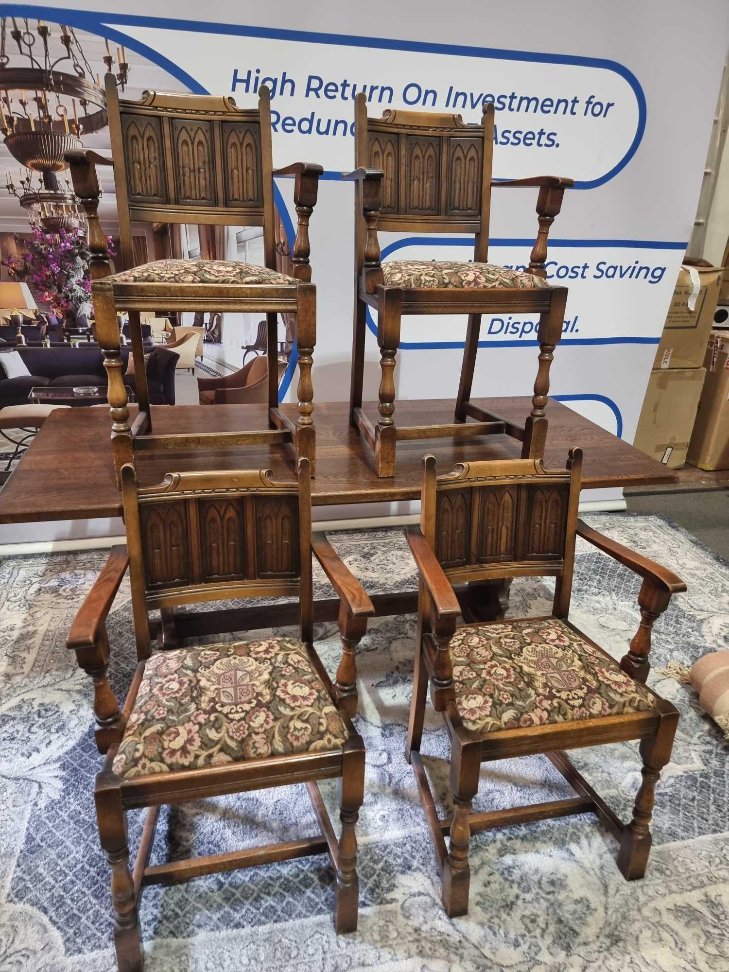 English Oak Refectory Dining Table The Solid Oak Table Top Is Supported By A Pair Of Pierced Lyre - Image 8 of 14