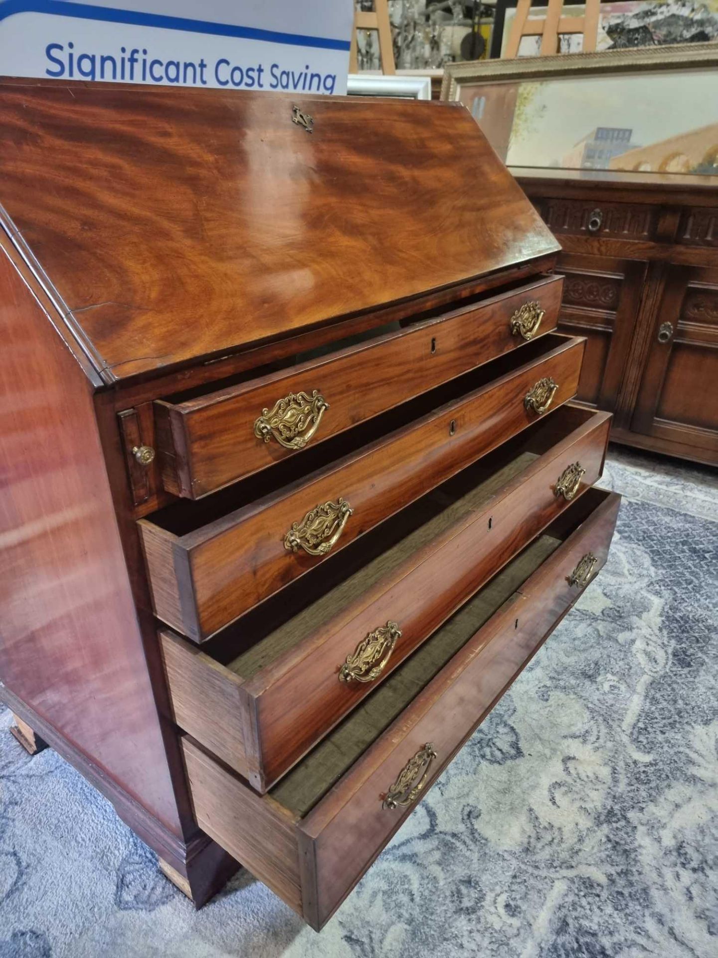 A George III Mahogany Fall Front Bureau With Fitted Interior And Four Graduating Drawers With - Bild 12 aus 12