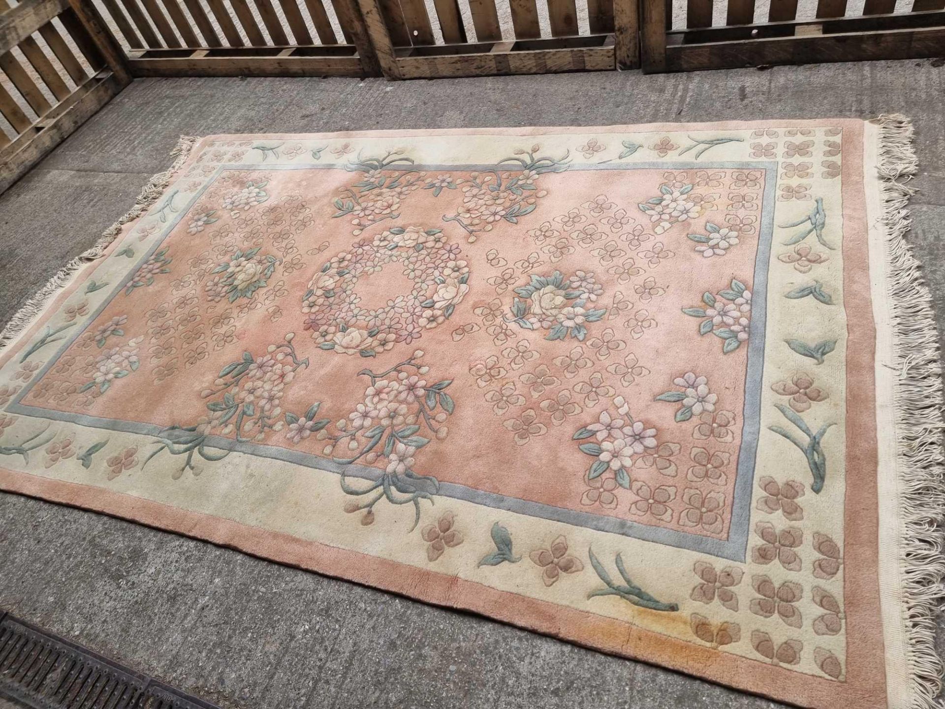 Oriental Style Thick Pile Wool Rug Woven In Pastel Floral Tones On Pale Pink Ground 268 x 180cm