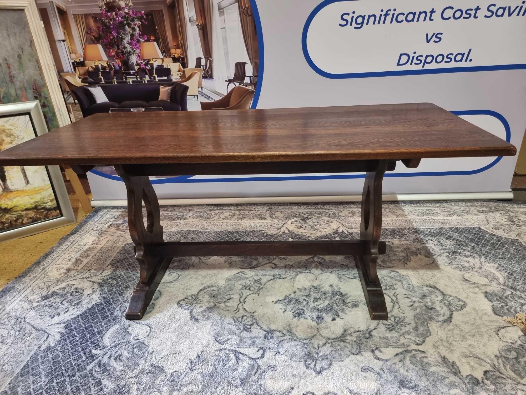 English Oak Refectory Dining Table The Solid Oak Table Top Is Supported By A Pair Of Pierced Lyre - Image 5 of 14