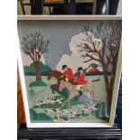 A Well Executed Felt Picture of a Horse Riders and Hounds in a Rural Setting Glazed and Framed 43