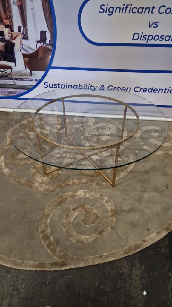 Brass Framed Glass Round Coffee Table Like A Showcase For Collectibles, This Tempered Glass Topped