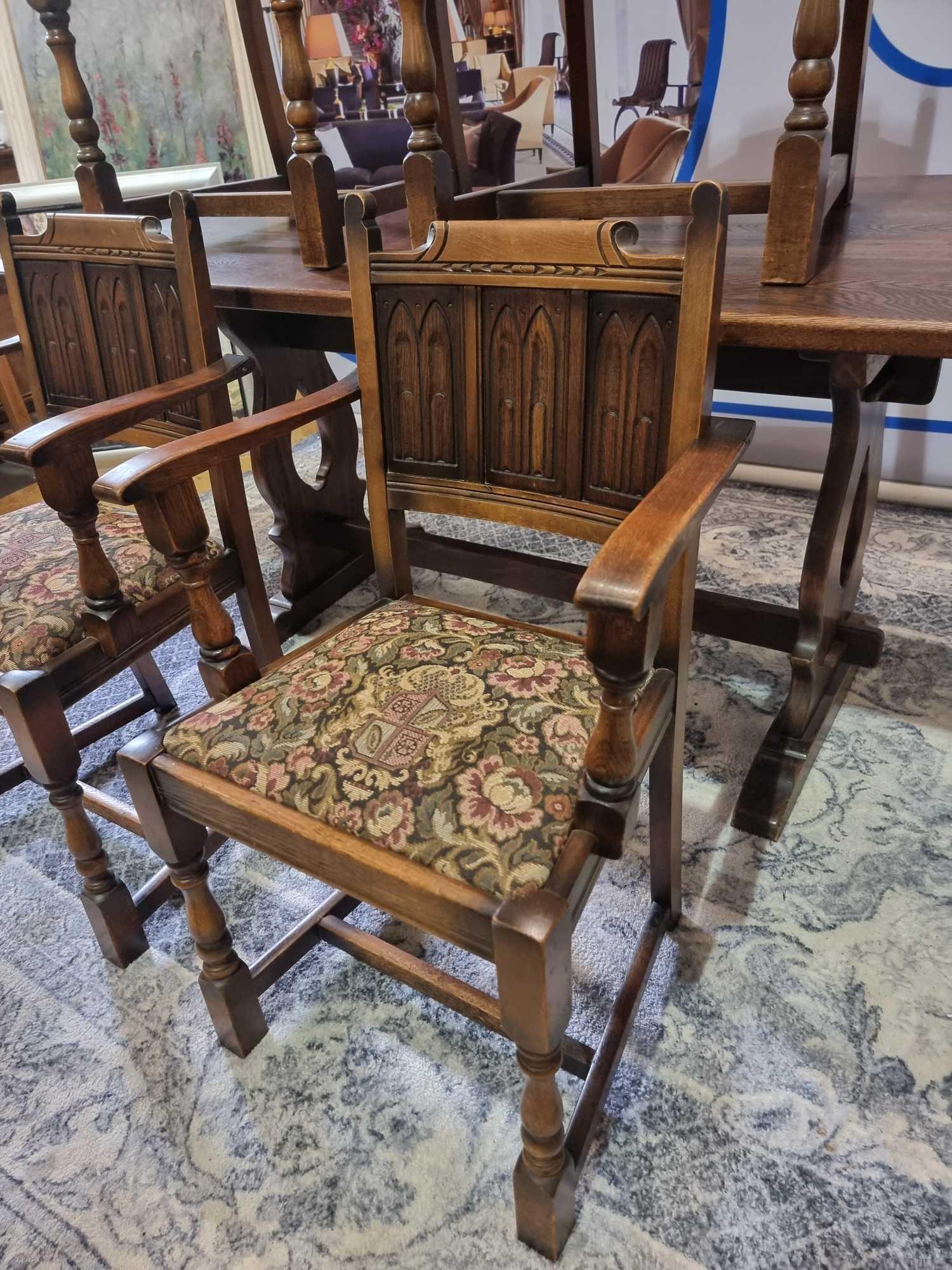 English Oak Refectory Dining Table The Solid Oak Table Top Is Supported By A Pair Of Pierced Lyre - Image 12 of 14