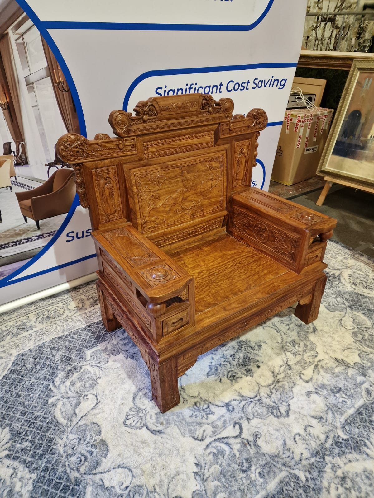 A Pair Chinese Imperial Style Hardwood Throne Chairs, The Backs Carved With Dragon Masks And Birds