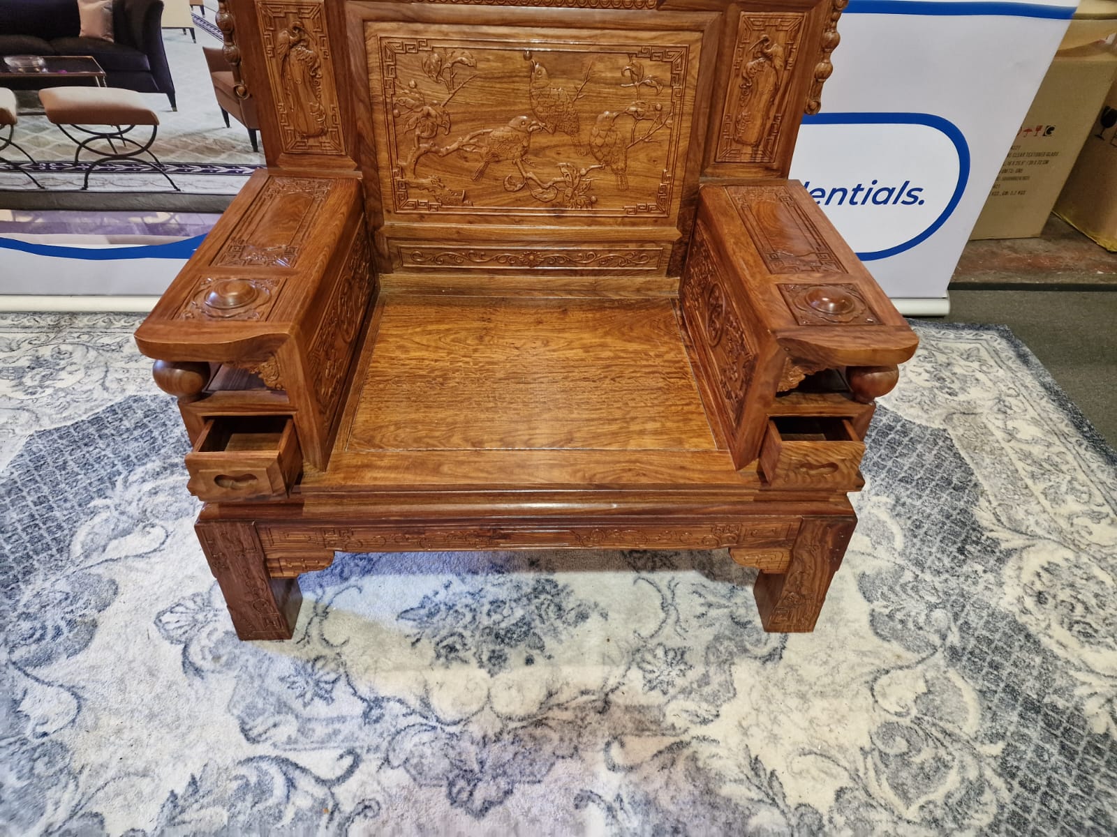 A Pair Chinese Imperial Style Hardwood Throne Chairs, The Backs Carved With Dragon Masks And Birds - Image 8 of 24