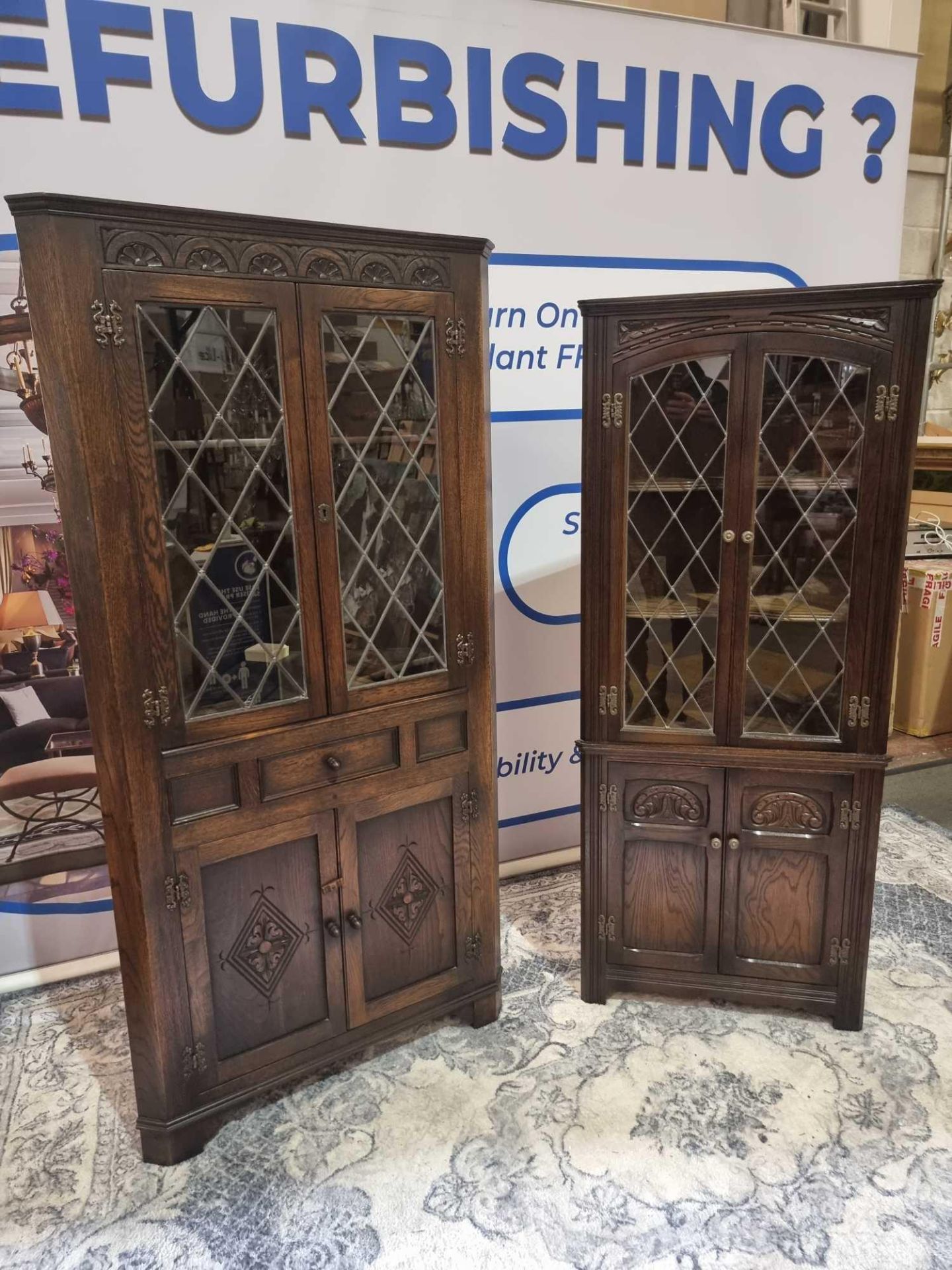 2 x Oak Corner Display Cupboards by Jaycee nicely carved throughout in the Jacobean manner with - Image 2 of 10