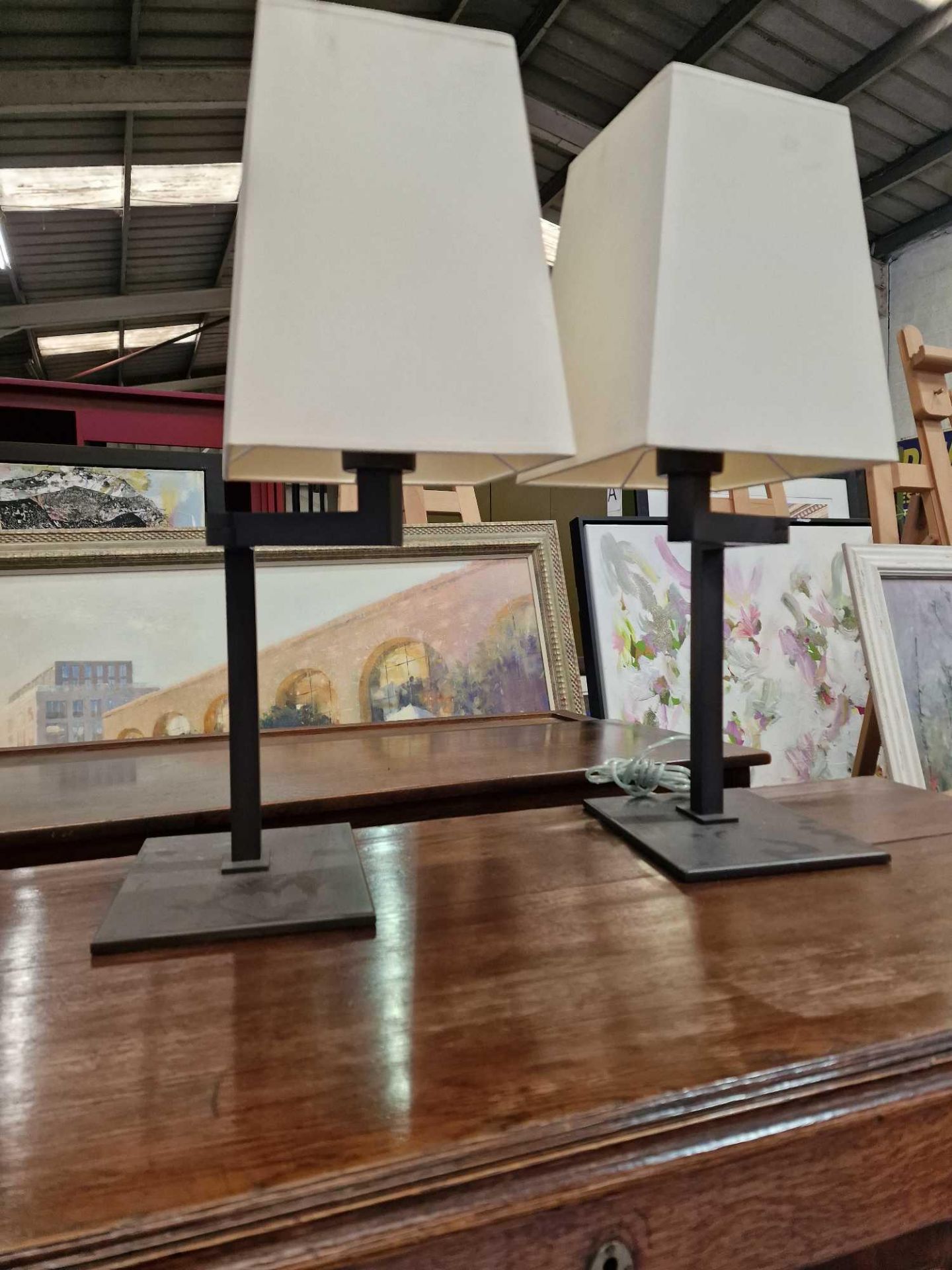 A Pair Of Sifra LMS400/ENG Table Lamps Metal Patinated With Cream Shade 60cm - Bild 2 aus 2