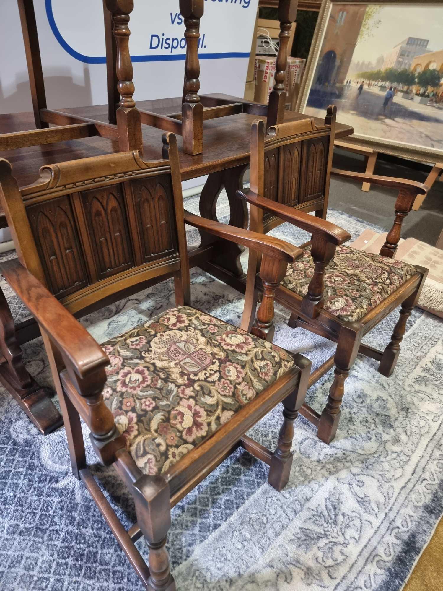 English Oak Refectory Dining Table The Solid Oak Table Top Is Supported By A Pair Of Pierced Lyre - Image 13 of 14