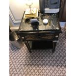 A Pair Of Marble Top Restall Brown & Clennell Chinoiserie Black Lacquer Nightstands With Single