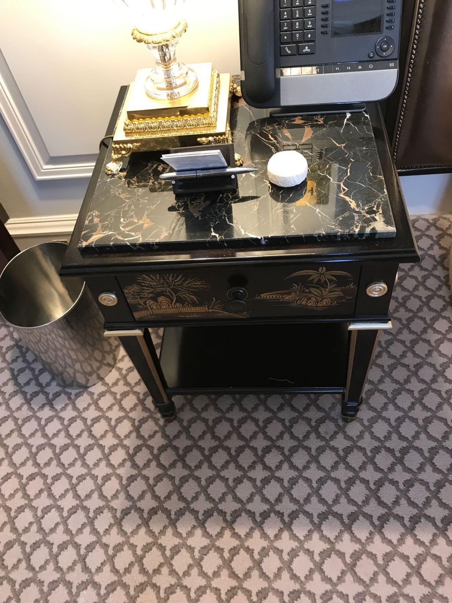 A Pair Of Marble Top Restall Brown & Clennell Chinoiserie Black Lacquer Nightstands With Single