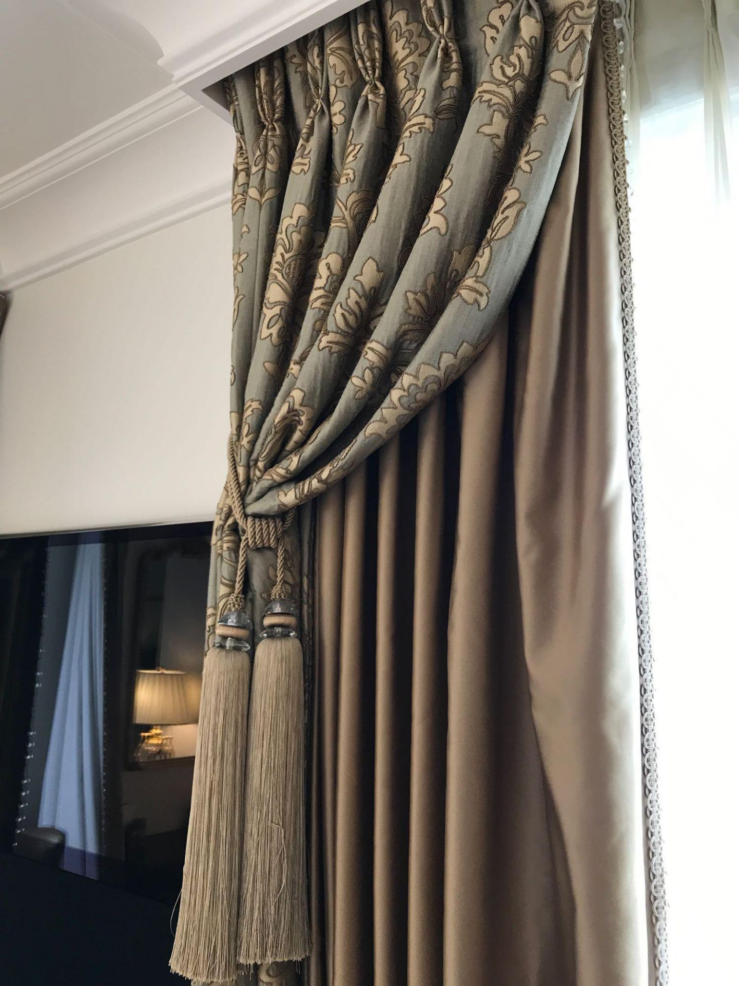 2 x Pair Of Silk Drapes And Jabots Gold With Crystal Edging And Embroidered In Gold And Silver - Image 3 of 3