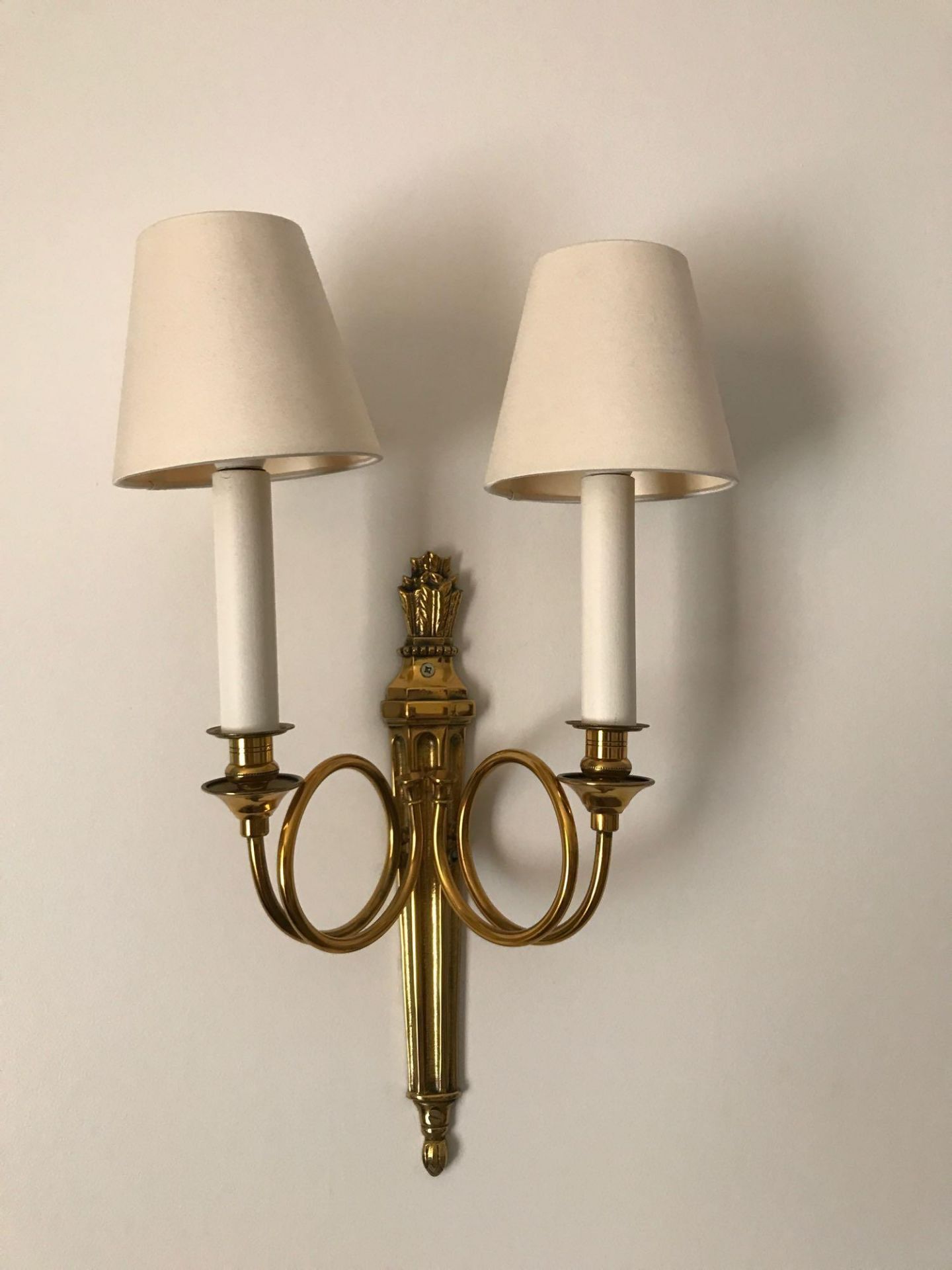 A Pair Of Dore Bronze Dore Twin Arm Wall Sconces, The Scrolling Arms With Trumpet Bobeche Drip - Image 2 of 2