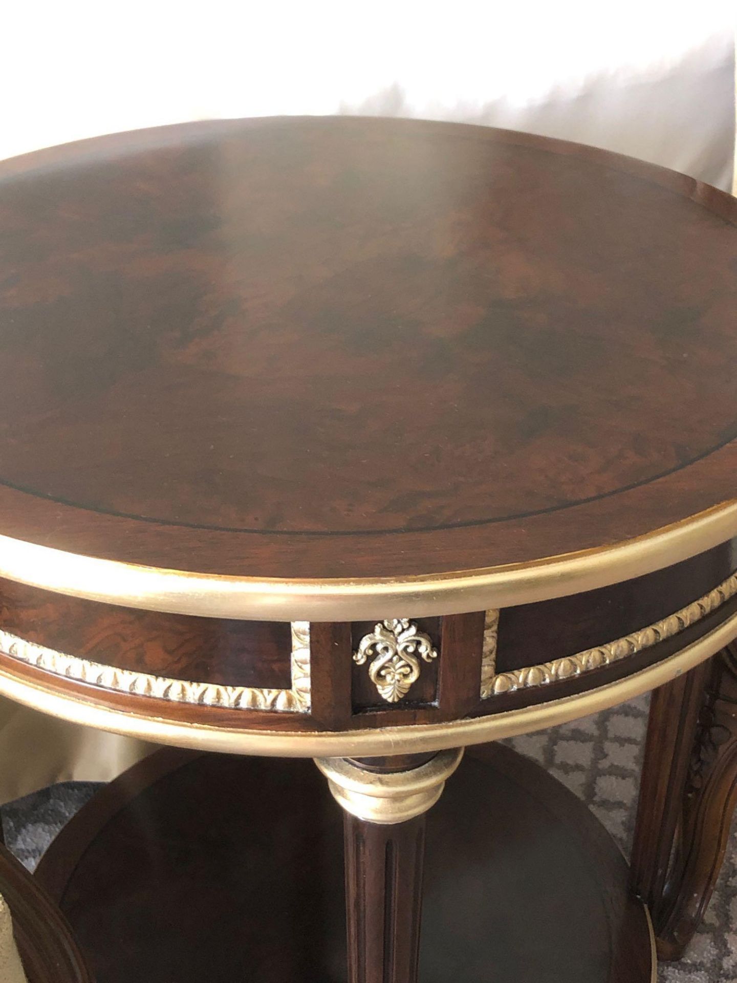 Circular Side Table With Antiqued Plate Top And Brass Trim Mounted On Tapering Legs With Brass - Image 3 of 3