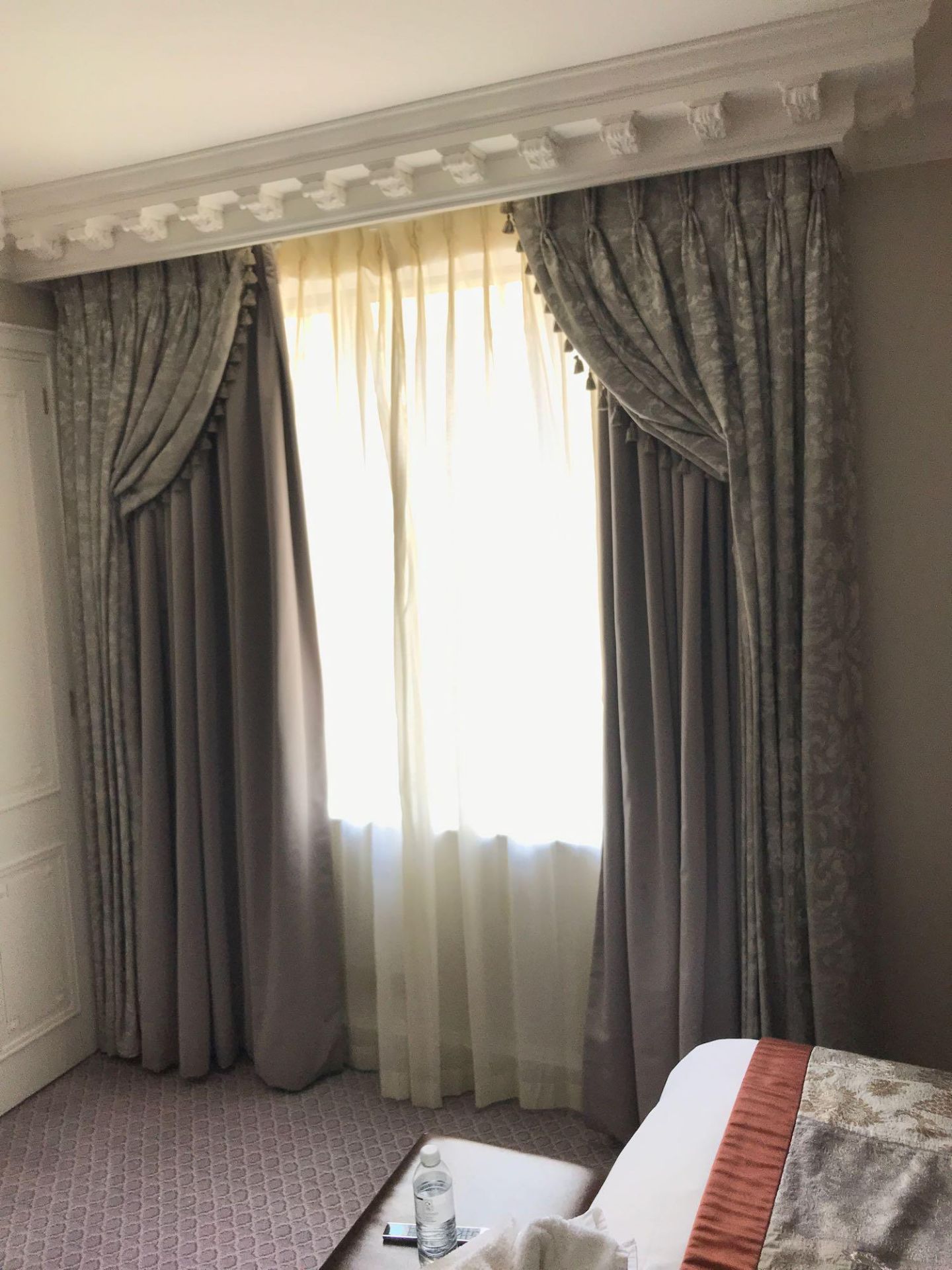 A Pair Of Silk Drapes And Jabots And Green Patterned Drapes With Tassel Fringe 250 x 250cm Room 623