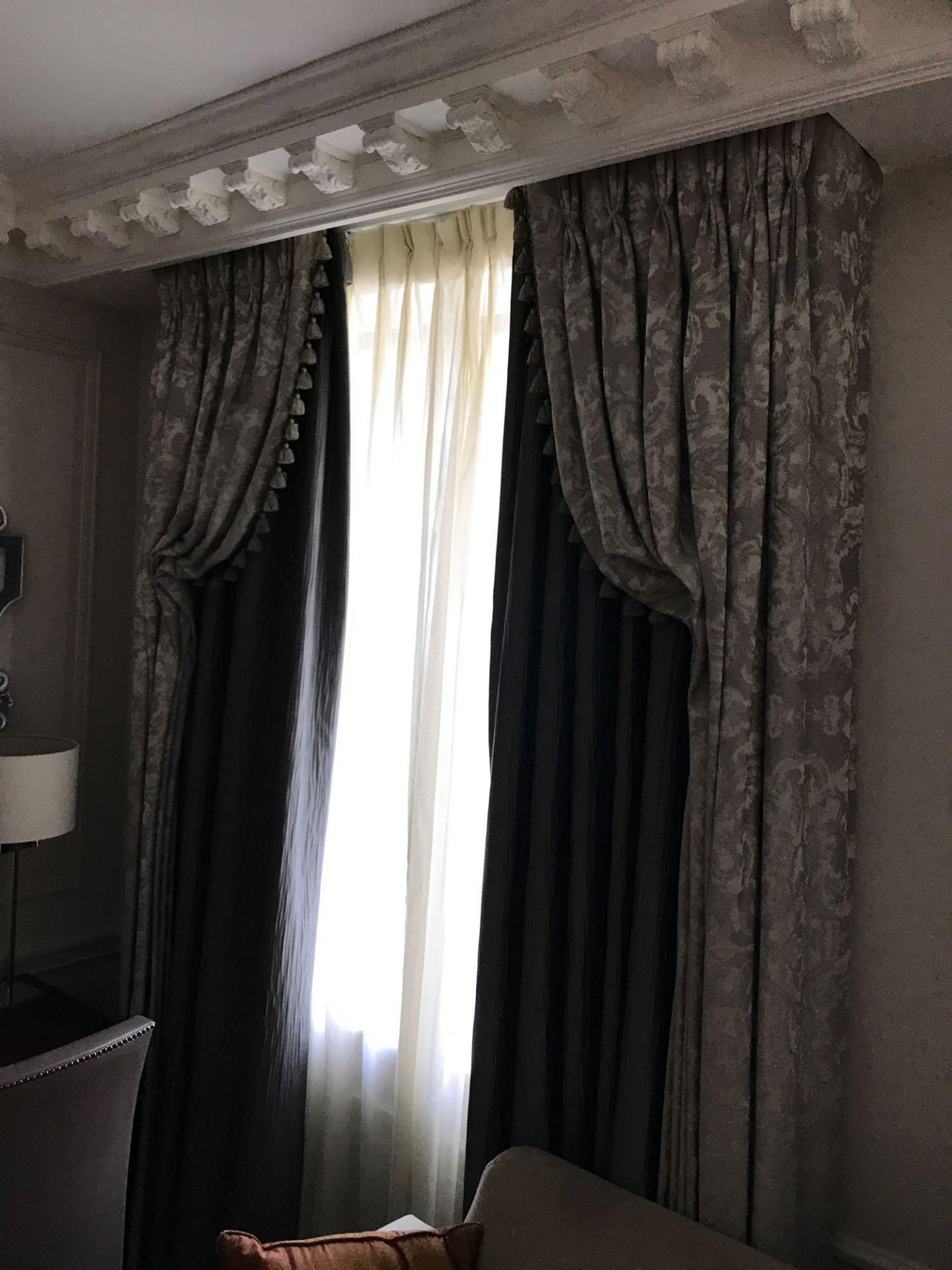 2 x Pair Of Gold And Silver Silk Drapes And Jabots With Tie Backs Span 255 x 190cm Room 624