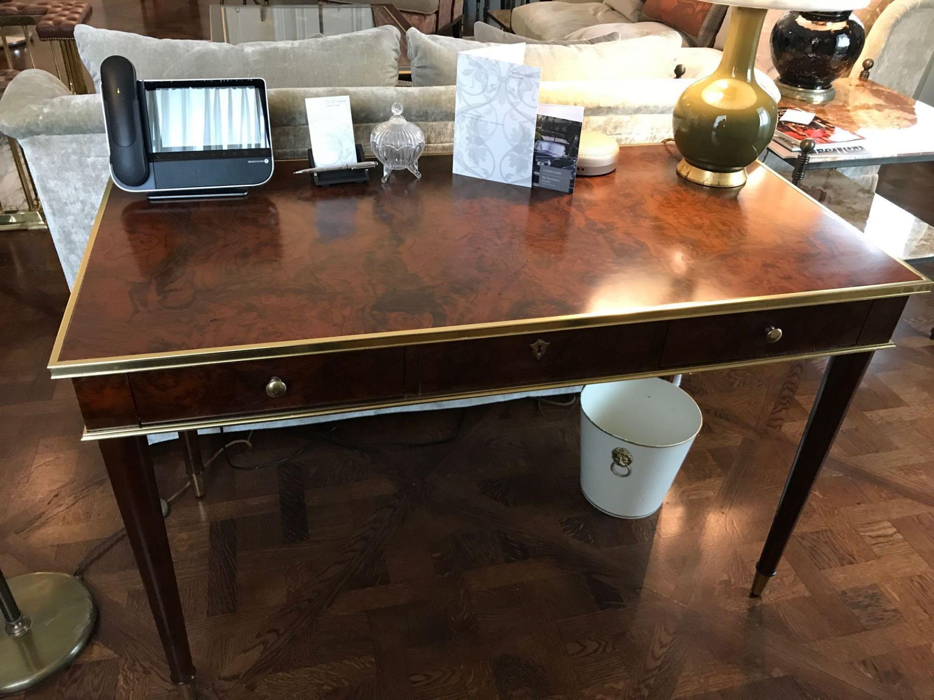 Burr Mahogany And ;Brass Writing Table Mounted On Turned Legs Fitted With Outlets, And USB Ports