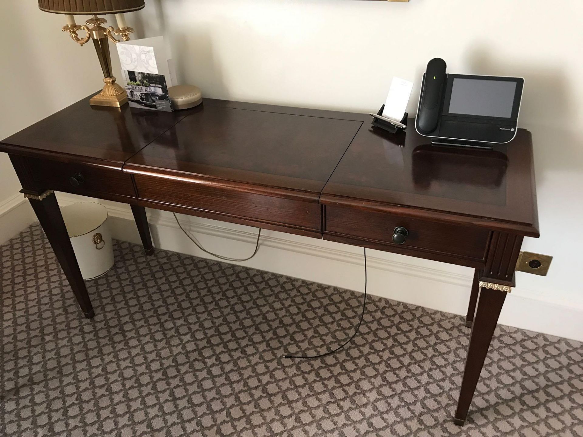 A Burr Mahogany Writing Desk / Dressing Table Fitted With Two Small Side Drawers The Central Panel