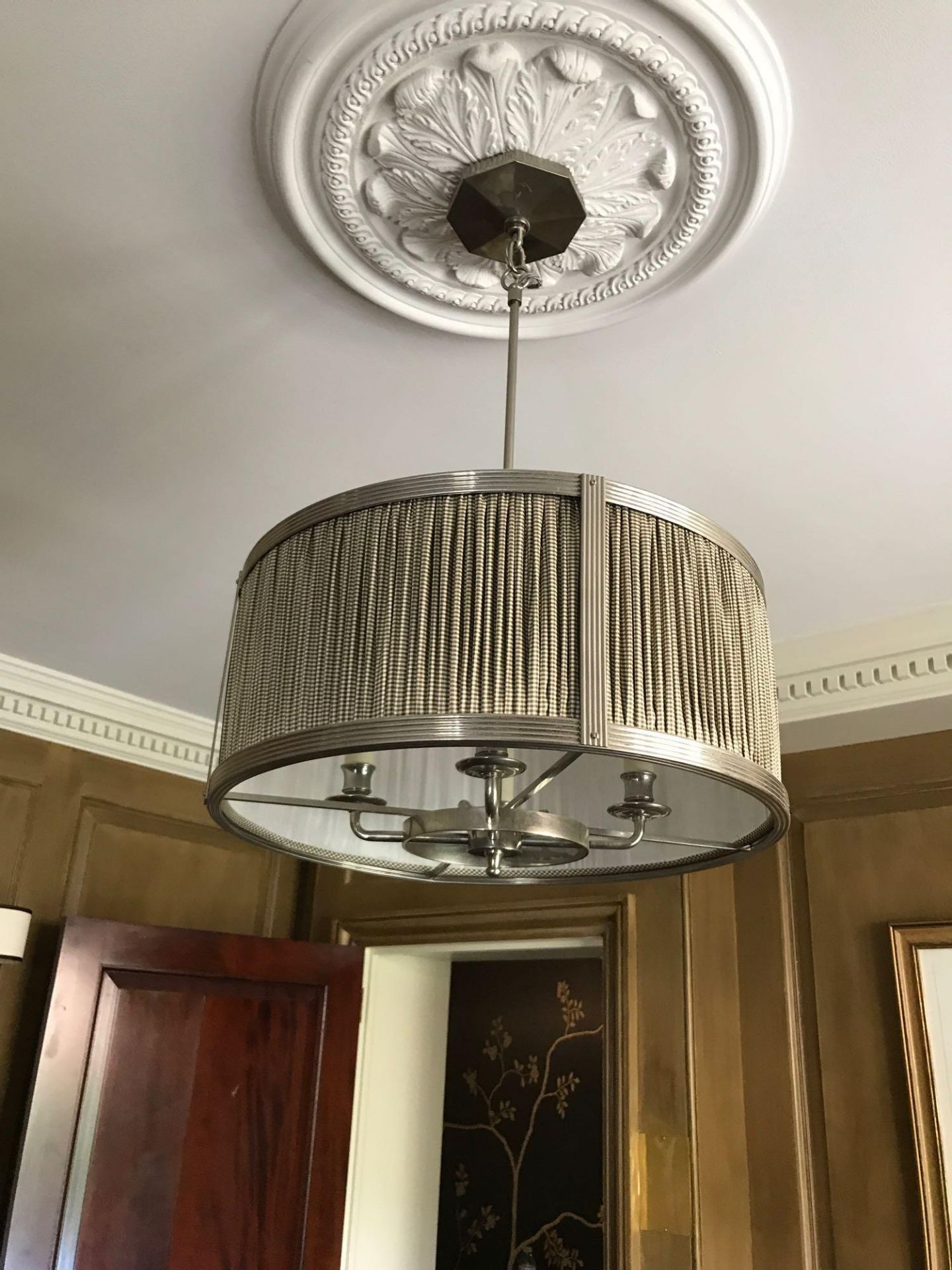 2 x Drum Style Pendant Steel Frame With Pleated Shade 53cm Diameter Room 611 - Image 2 of 2
