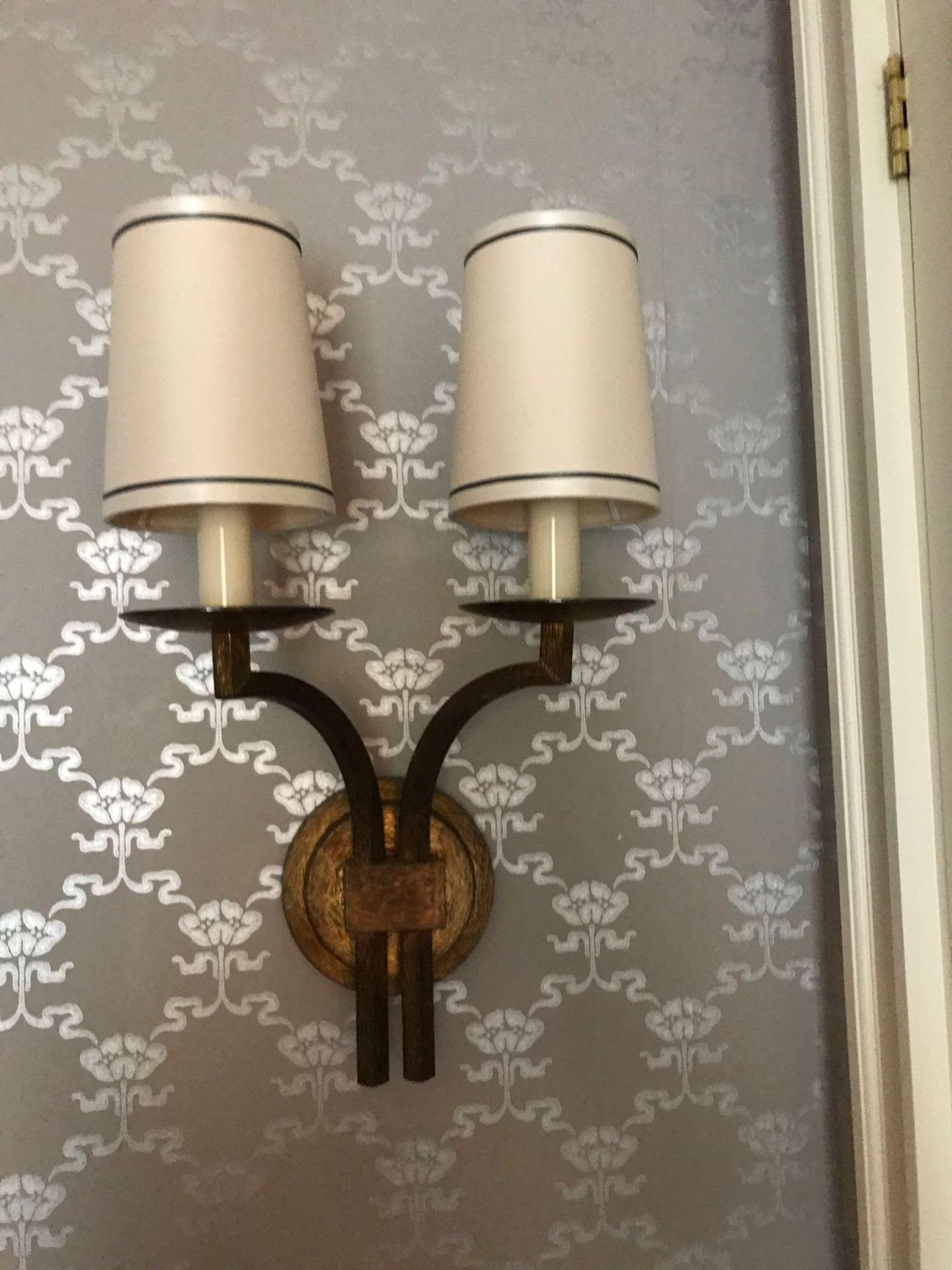 A Pair Of Dernier And Hamlyn Twin Arm Antique Bronzed Wall Sconces With Shade 51cm Room 610 - Image 2 of 2