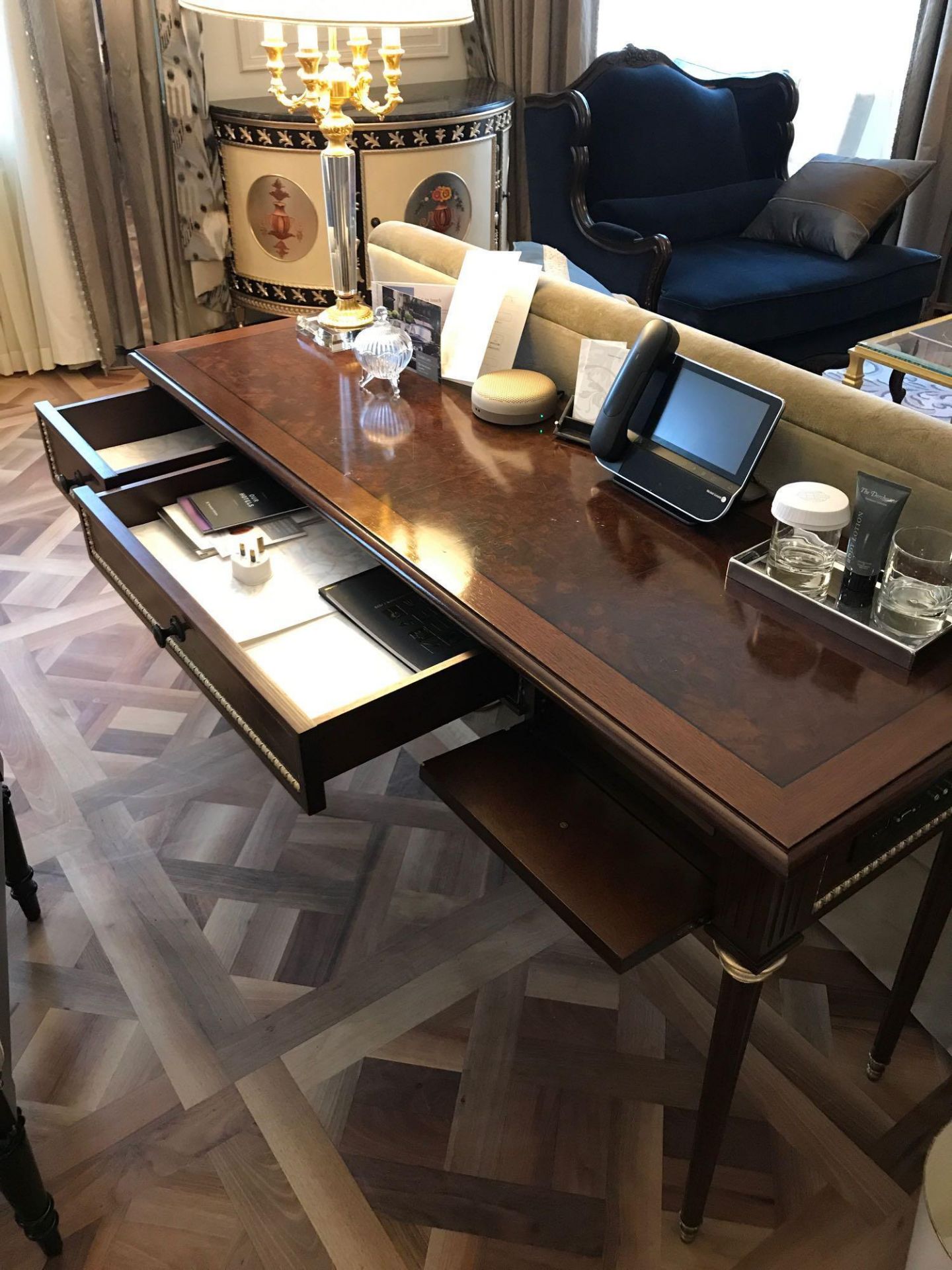 A Burr Mahogany 3 Drawer Writing Table Fitted With Outlets, And USB Ports Mounted On Square Tapering - Image 2 of 2