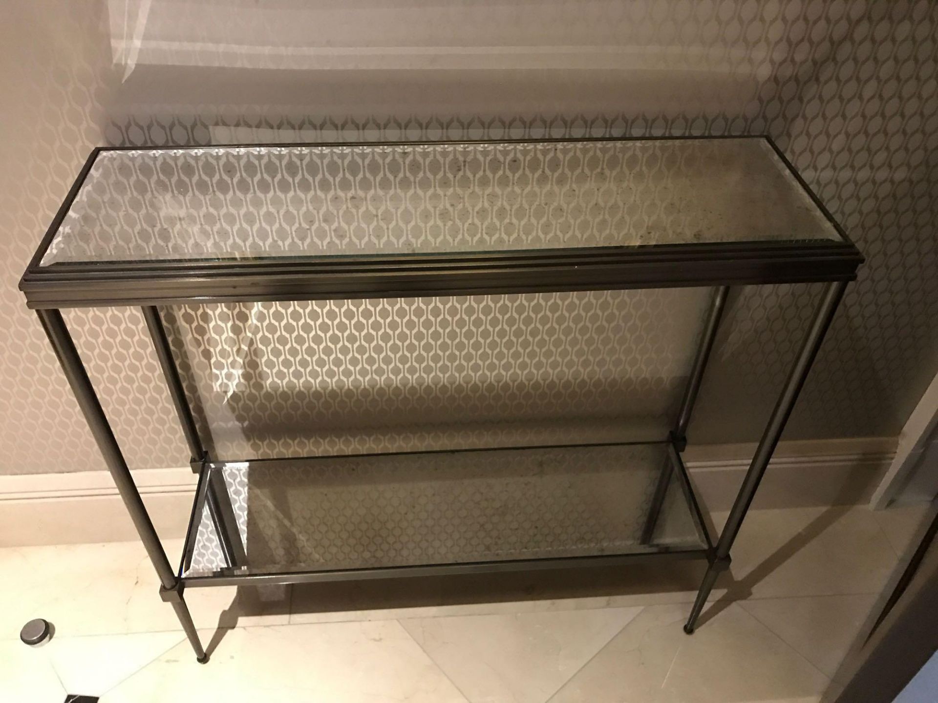 A Forged Metal Two Tier Console Table With Glass Shelves 88 x 24 x 74cm Room 609