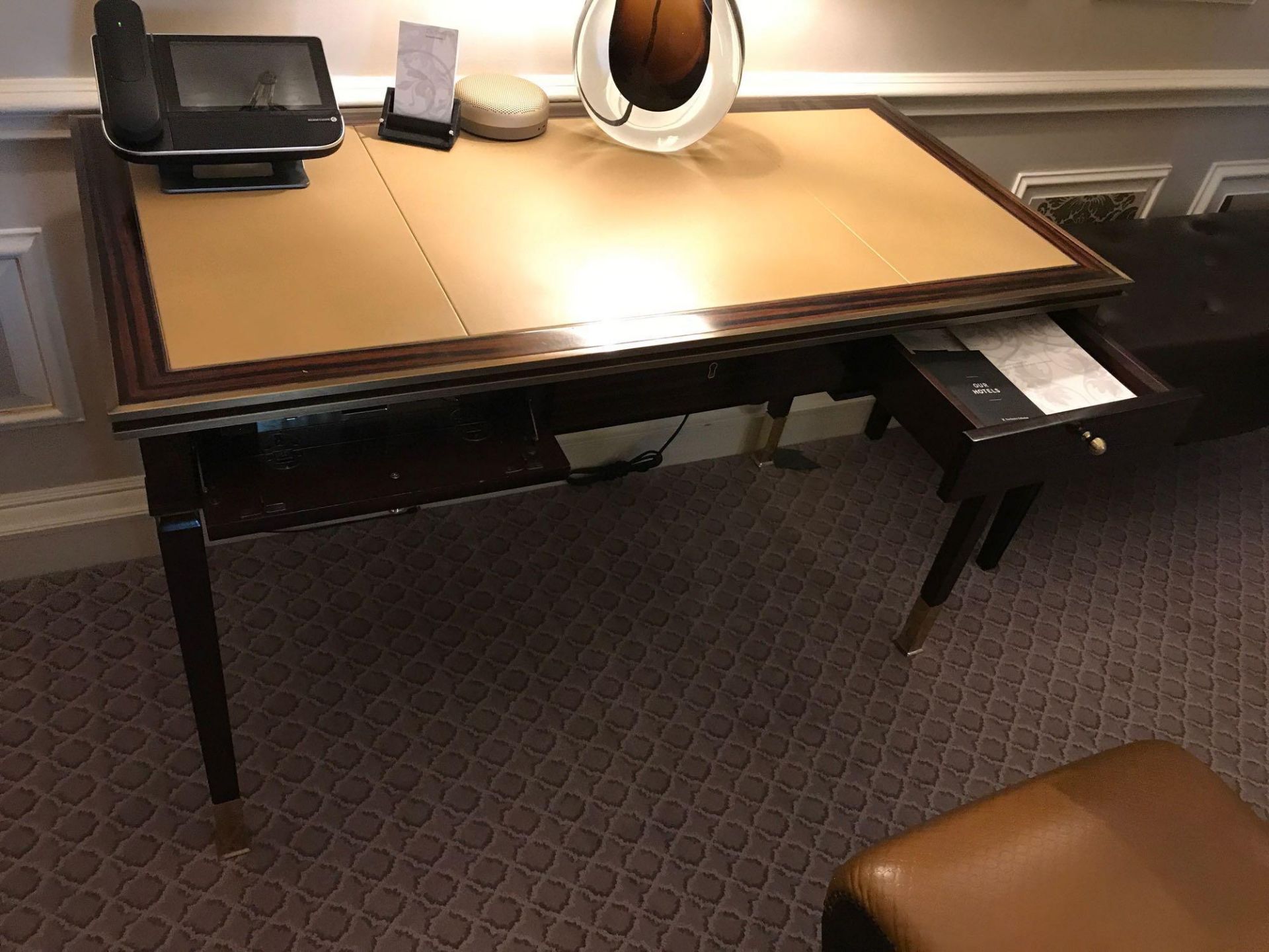 Writing Desk High Gloss Ebony Wood With Tooled Leather Inlay Faux Central Drawer Flanked By Single - Image 2 of 2