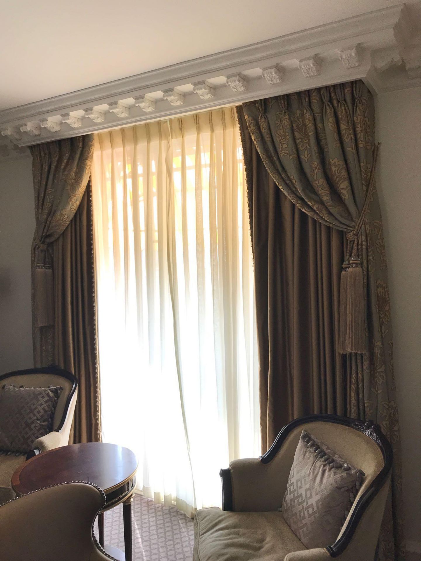A Pair Of Silk Drapes And Jabots With Crystal Trim Gold Green Embroidered Pattern 255 x 250cm Room