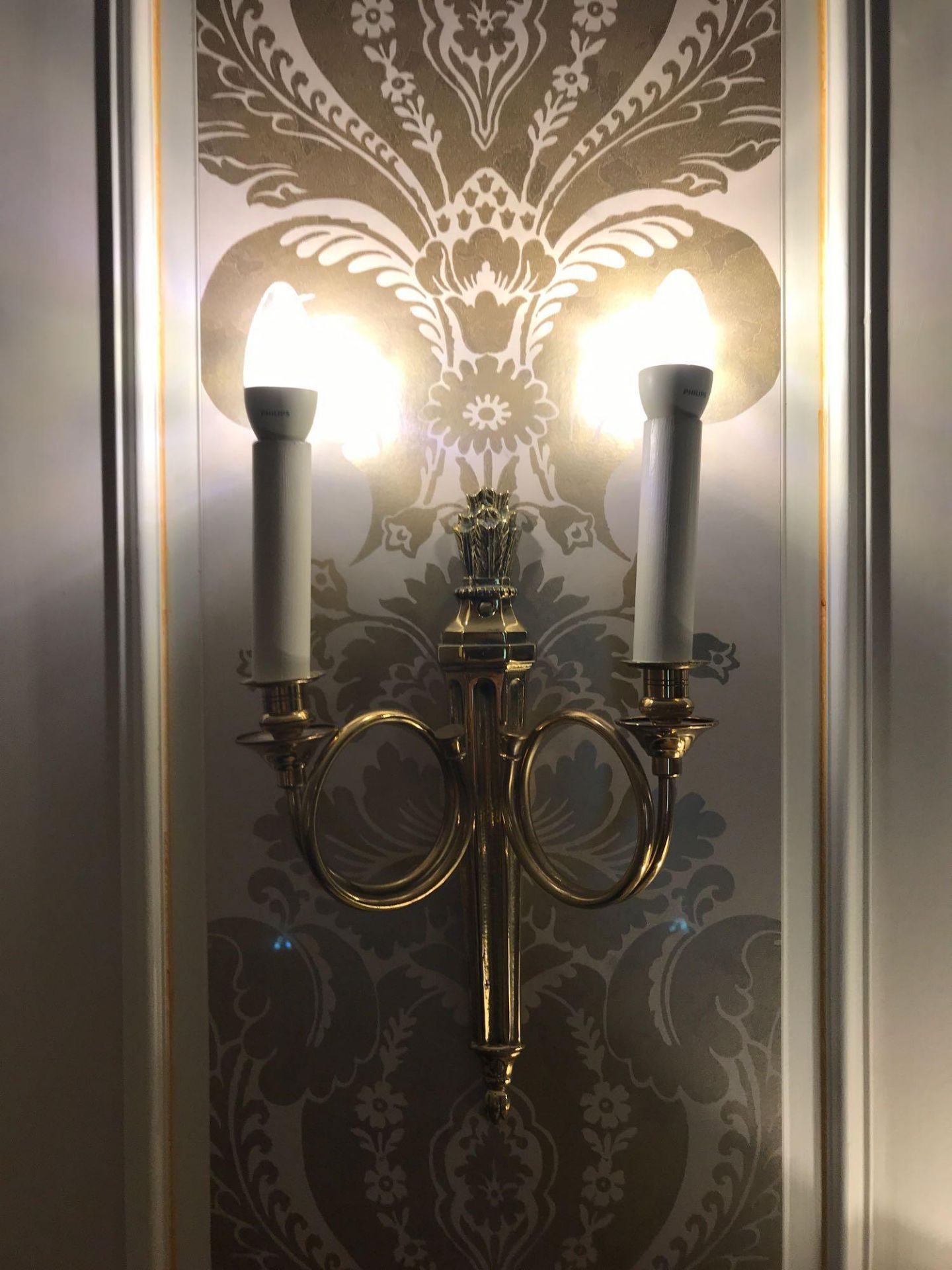 A Pair Of English Georgian Style Brass 2 Arm Wall Sconces With Vasiform Backplate Room 609 - Image 2 of 2