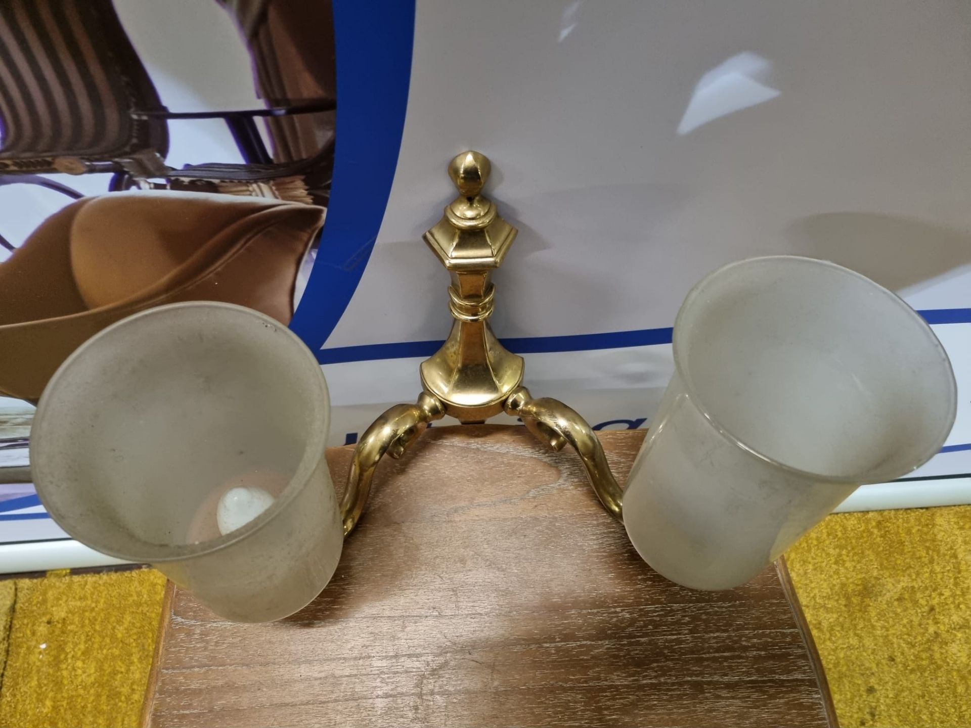 A Polished Brass Twin Arm Candle Wall Sconce With Glass Shades 30cm High - Image 2 of 3