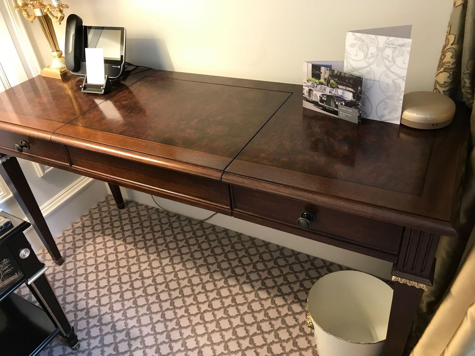 A Burr Mahogany Writing Desk / Dressing Table Fitted With Two Small Side Drawers The Central Panel