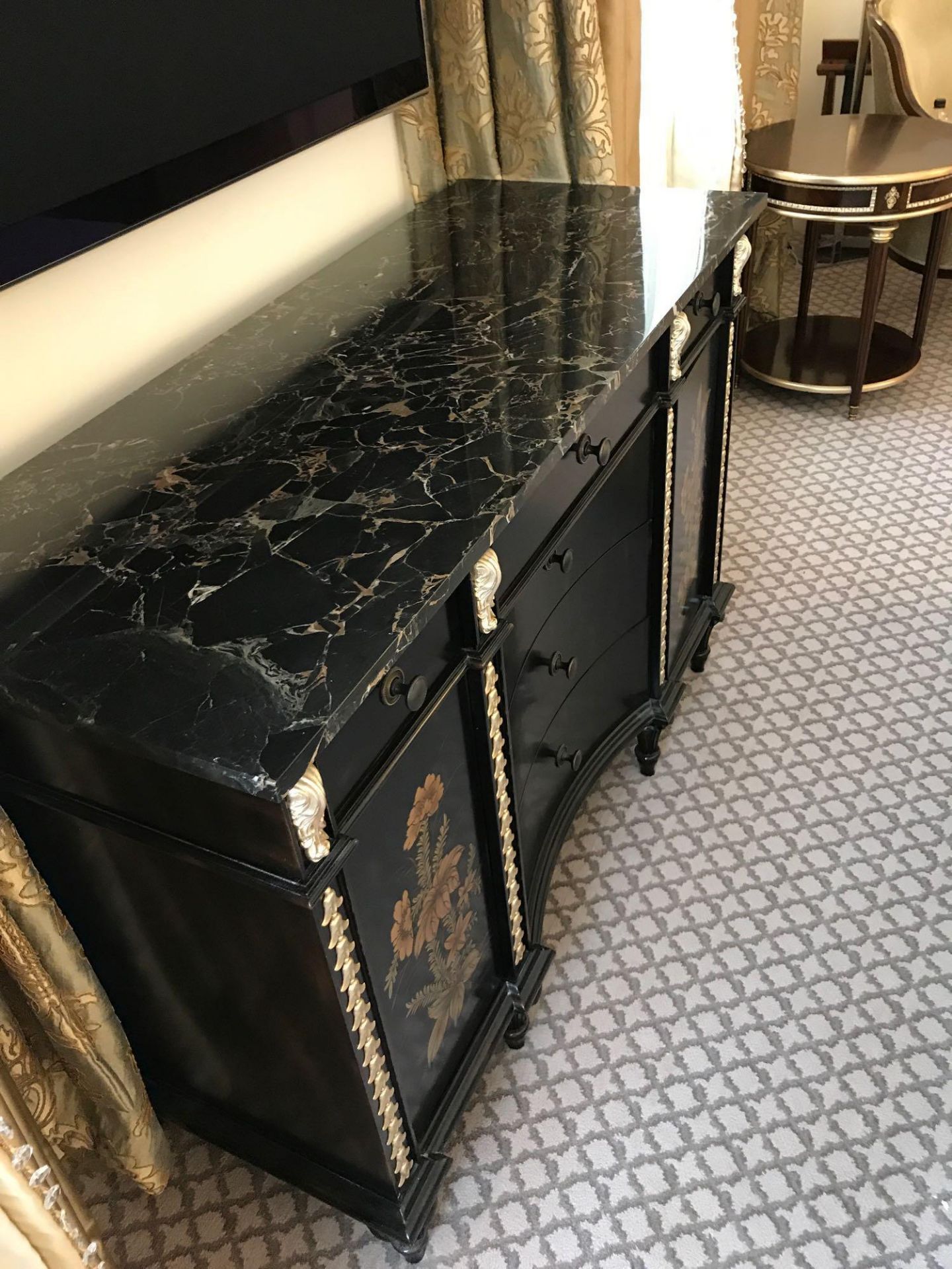 Black Lacquer Hand Decorated Chinoiserie Two Door Sideboard By Restall Brown And Clennell 120 x 45 x - Image 2 of 2