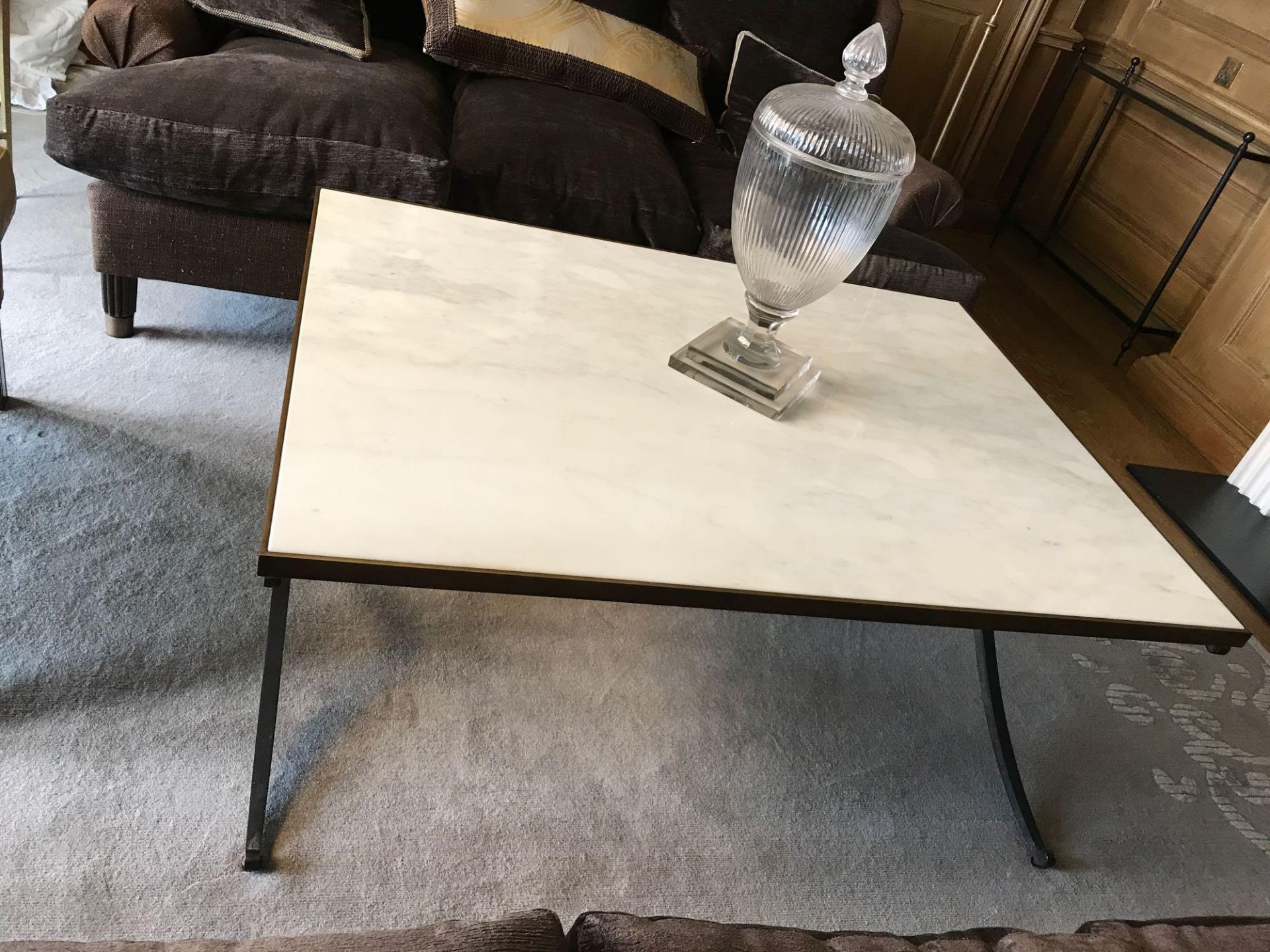 Bevelled White Marble Coffee Table With Bronzed Frame Criss-Cross Style Legs And Pole Stretcher - Image 2 of 2