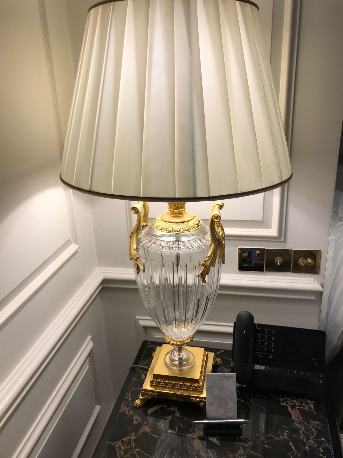 A Pair Of Laudarte Crystal Table Lamps Inserts And Decorations In 24ct Gold With Shade 95cm Tall