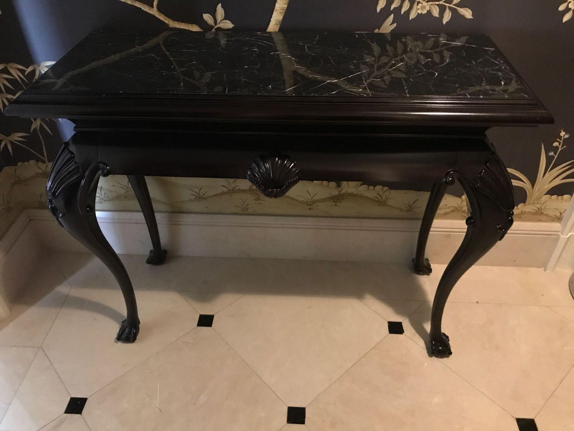 Ebonised Wood Marble Top Console Table The Apron With Shell Mask On Queen Anne Style Legs