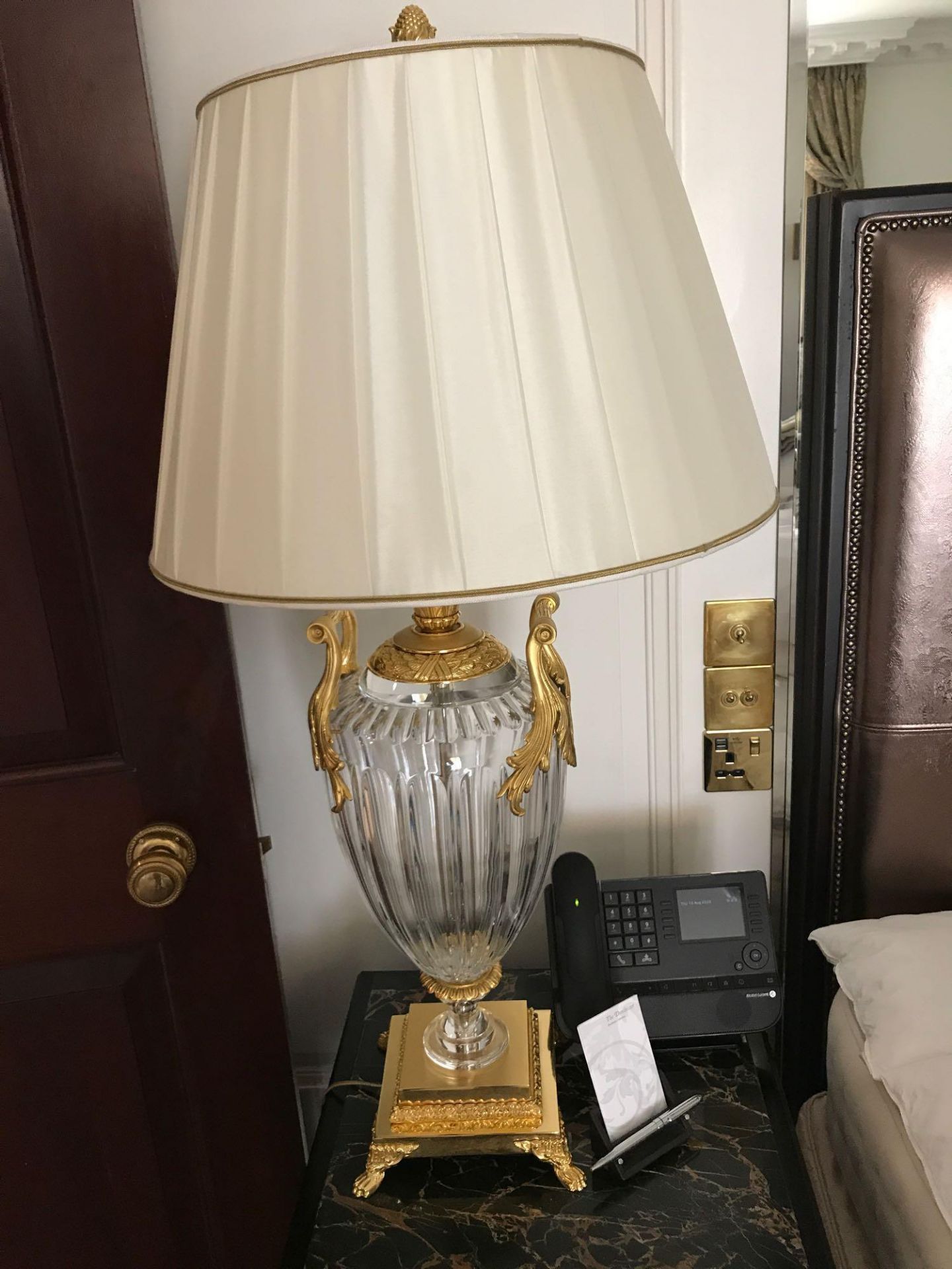 A Pair Of Laudarte Crystal Table Lamps Inserts And Decorations In 24ct Gold With Shade 95cm Tall