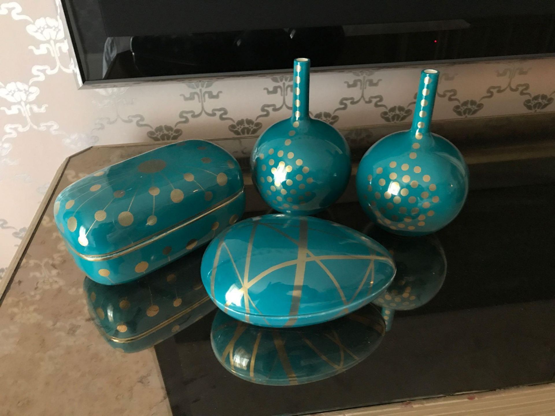 4 x Jonathan Adler Green And Gold Ceramic Decorations Objets Art Room 610 - Image 2 of 2