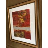 Abstract Framed Lithograph Red Blue And Gold In Gold Frame 73x 88cm Room 611