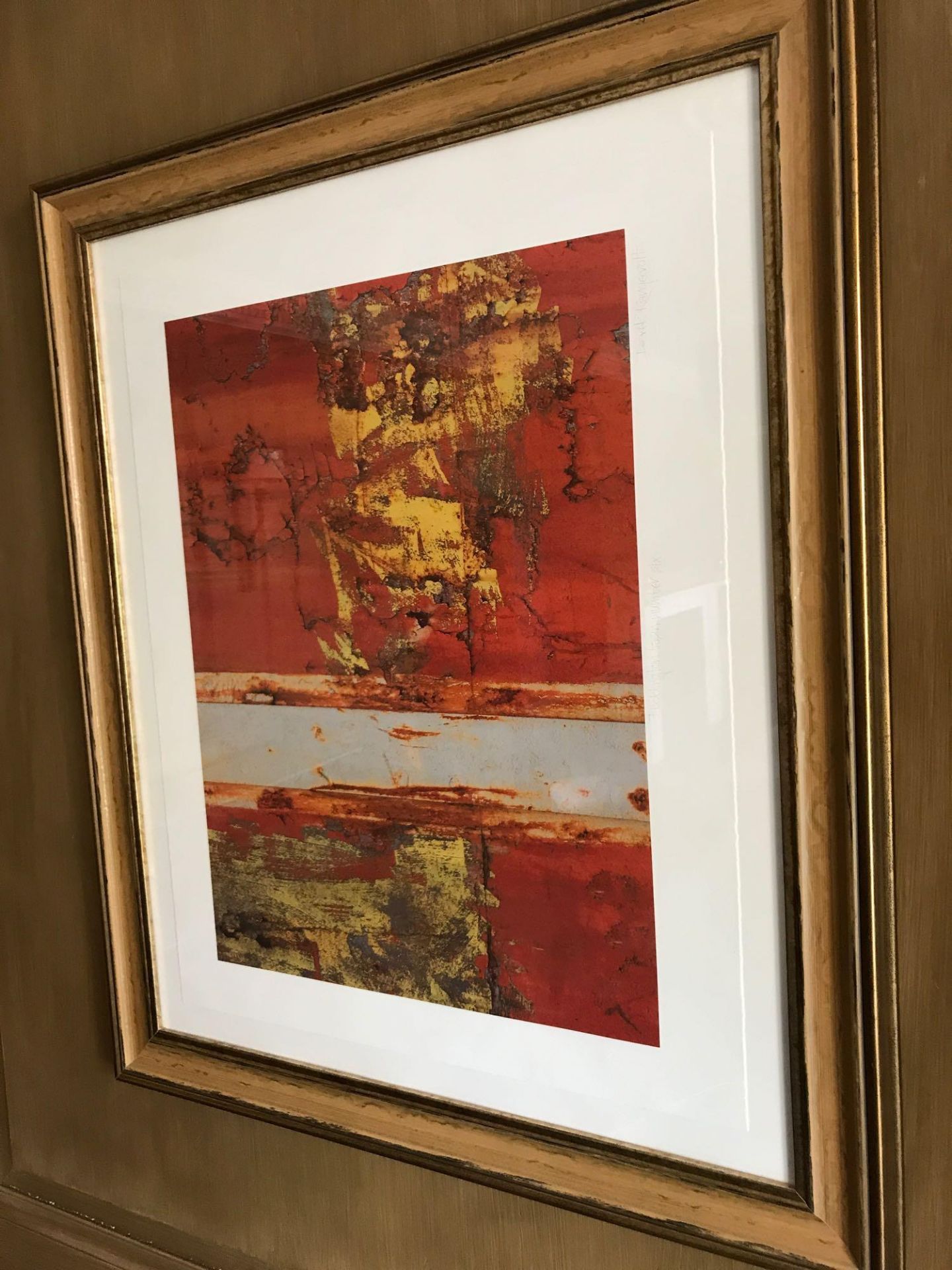 Abstract Framed Lithograph Red Blue And Gold In Gold Frame 73x 88cm Room 611